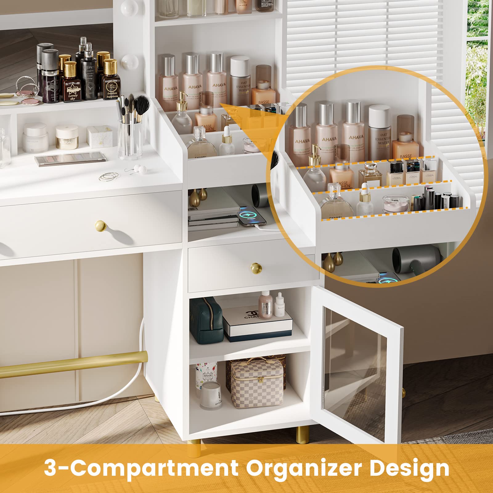 VIAGDO White Vanity Desk with Mirror and LED Lights - Makeup Dressing Table with USB Charging Station, 3 Storage Compartments & Drawers - Bedroom Vanity Desk for Women with Open Shelves - Perfect for Makeup Organization, Skincare Routine and Small Space Bedrooms
