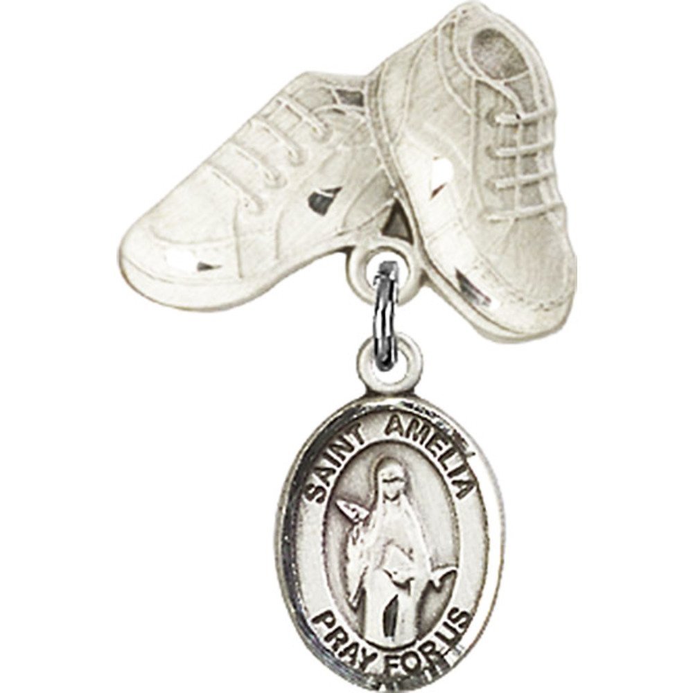 St. Amelia Sterling Silver Baby Badge with Charm & Boots Pin - 1 x 5/8 Inch - Perfect for Christening Gifts, Baby Showers & Keepsakes