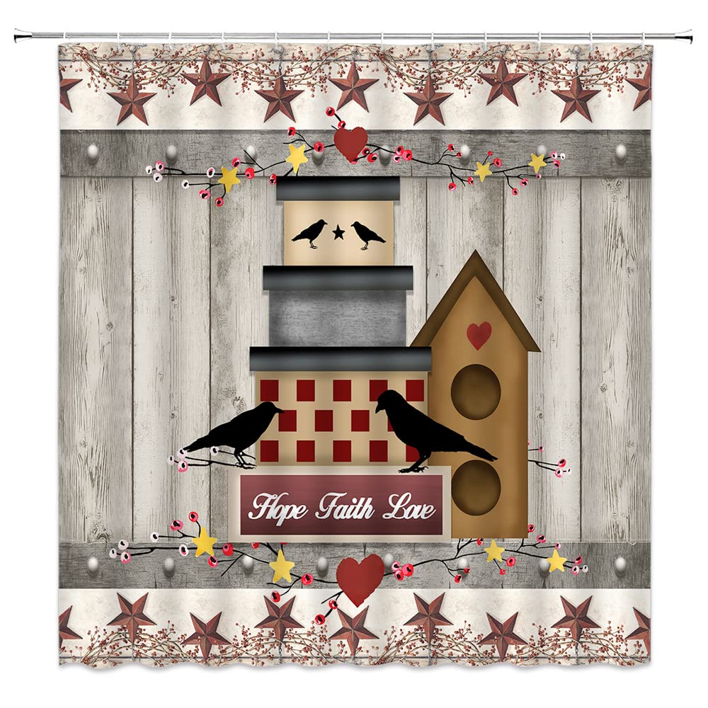 Vintage Farmhouse Shower Curtain - Rustic Primitive Crow Birdhouse Design with Hope Faith Love Motif, Wooden Board & Barn Door Pattern, Grey Brown Red Bathroom Decor for Country Style Homes | Perfect for Farmhouse, Cottage & Retro Themed Bathrooms