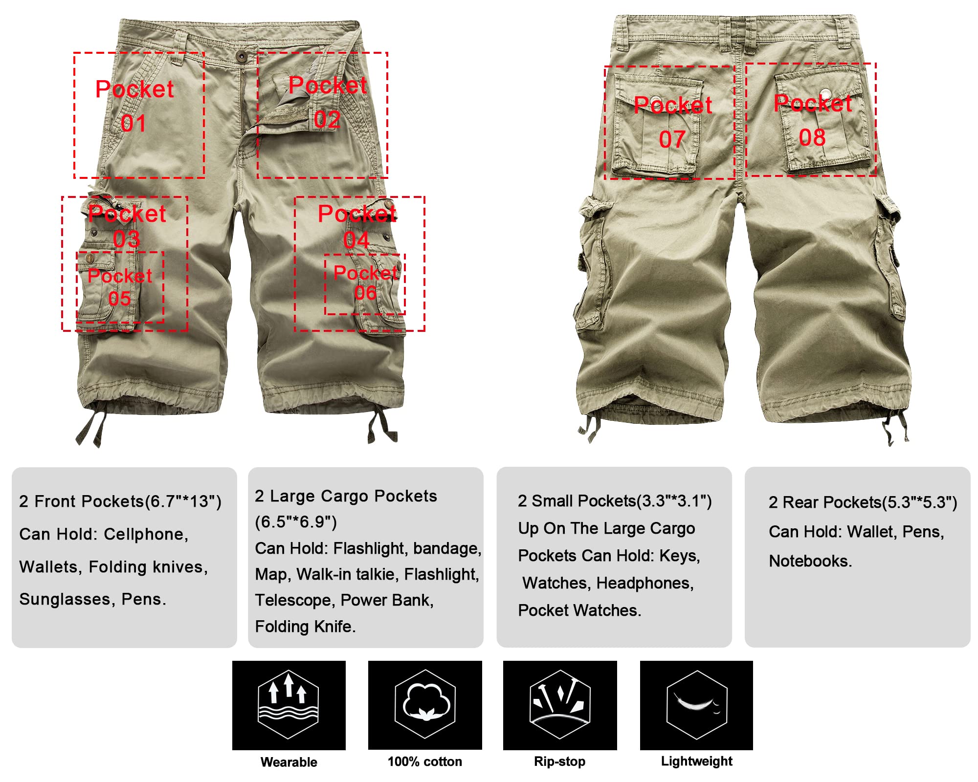 TRGPSG Men's Cargo Shorts - Relaxed Fit Cotton Capri Shorts with 13