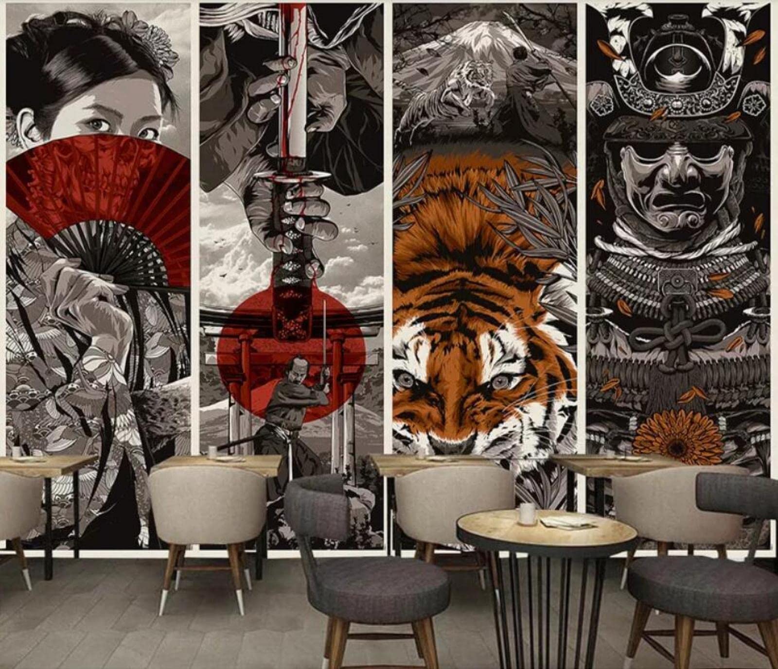 Japanese Samurai Tiger Geisha 3D Wall Mural - Traditional Budo Style Wallpaper for Bedroom, Living Room & TV Wall (137.8