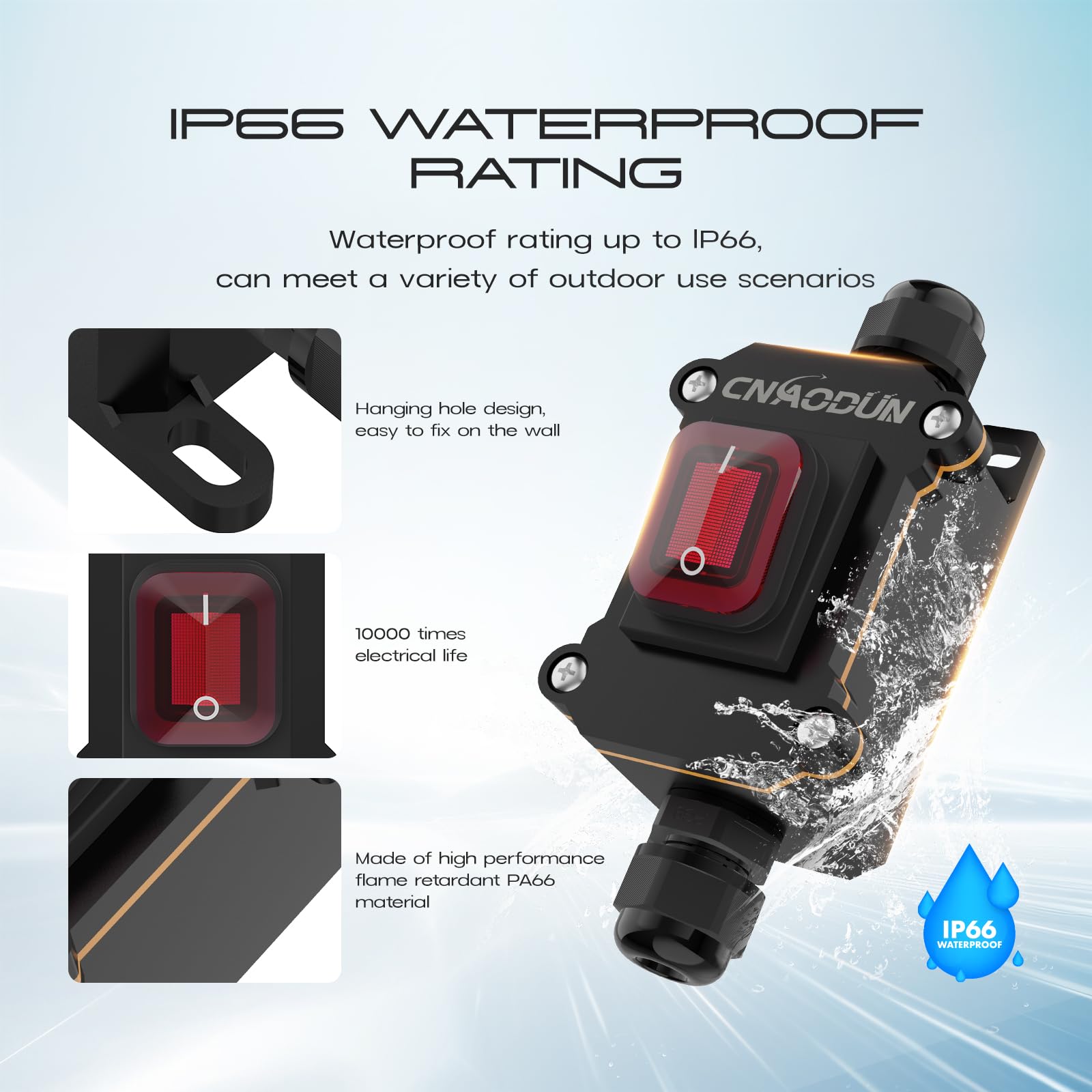 20A-125V/16A-250V AC Waterproof Rocker Switch with Red LED Light - DPST Double Pole Toggle Switch - IP66 Outdoor Rated for Marine, RV & Industrial Equipment