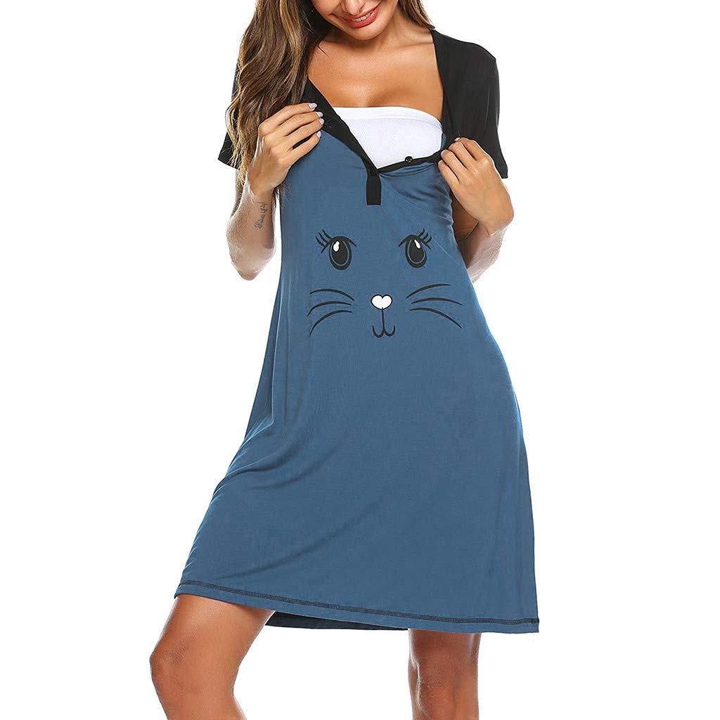 MOMKER Women's Long White Maternity Dress - Cute Nightdress with Print, Short Sleeve Nursing Dress for Breastfeeding Moms | Perfect for Pregnancy, Nursing, and Casual Wear
