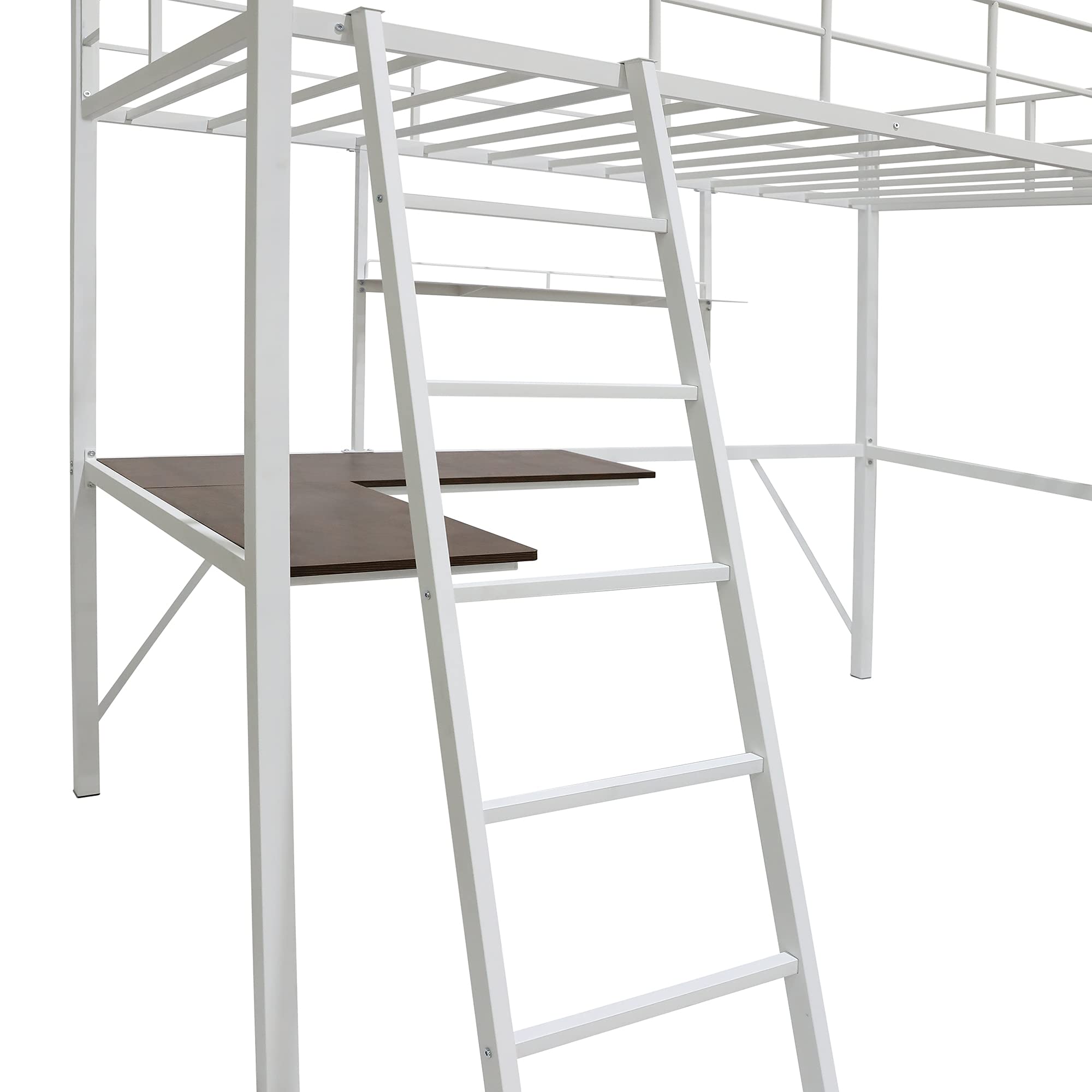 Twin Metal Loft Bed with Desk & Shelves - Heavy Duty Steel Loft Bed Frame for Kids, Teens & Adults | Includes 2 Ladders & Safety Guard Rails | Space-Saving Modern Design for Small Rooms, Dorms & Apartments (White)