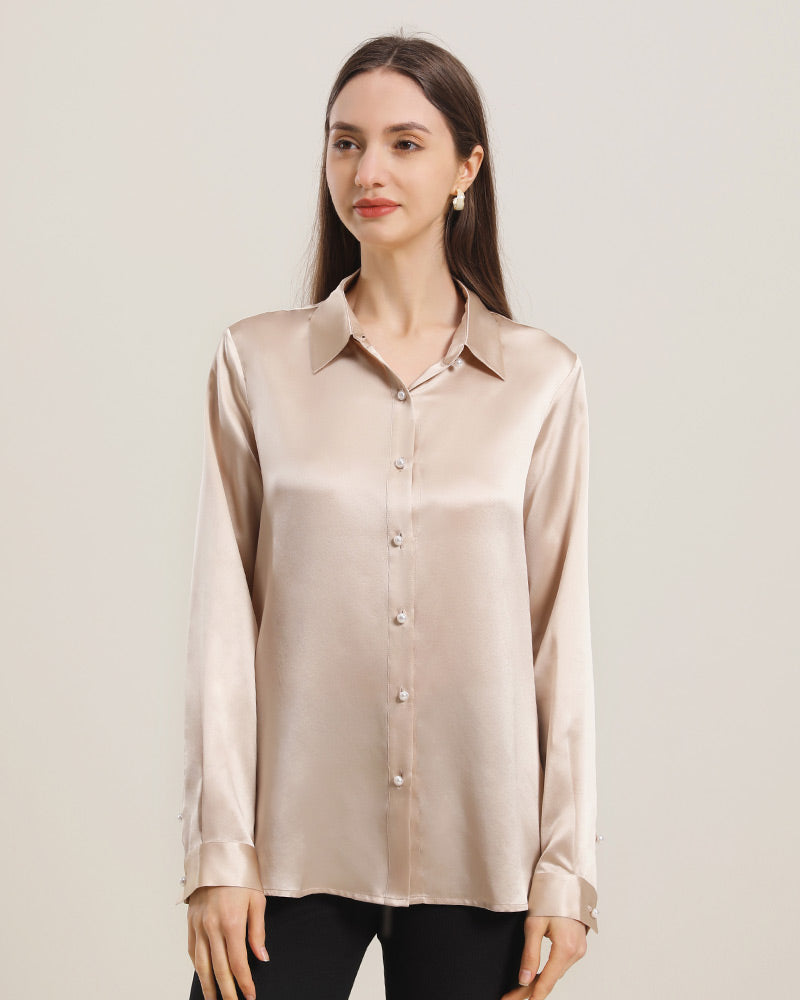 Elegant Women's Classic Pearl Button Silk Shirt - Premium Blouse for Office, Party & Formal Occasions