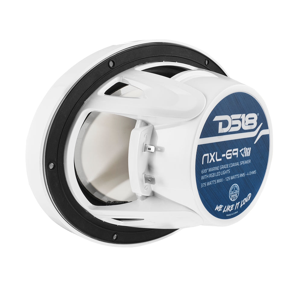 NXL 6x9 Inch 2-Way Coaxial Marine Speakers with RGB LED Lights - 125 Watts RMS, 4 Ohm, White - Perfect for Boats, Yachts, and Outdoor Marine Audio Systems