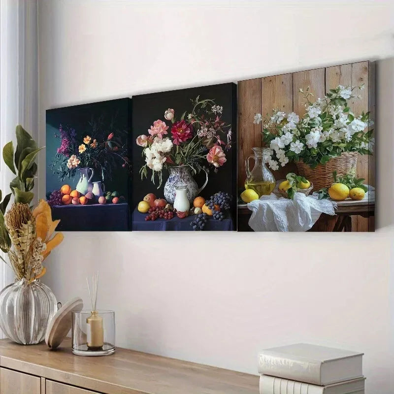 3-Piece Art Deco Wall Art Set - Fruit, Flowers & Jug Prints on High Quality Framed Canvas 40x60cm | Australian Made | Ready to Hang for Living Room, Bedroom & Office Decor