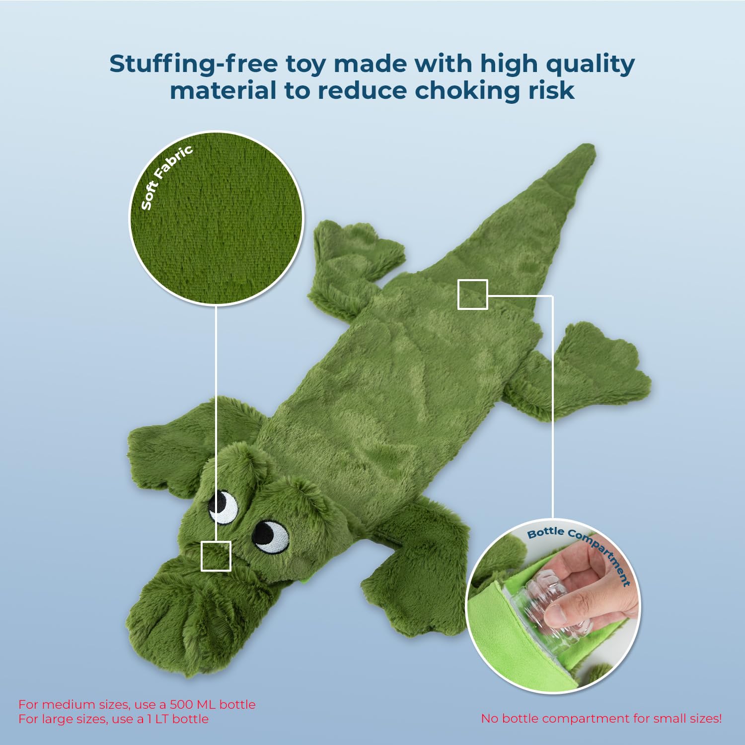 2-in-1 Squeaky Dog Toy for All Sizes - Soft No-Stuffing Chew Toy for Indoor Play with Bottle Holder (Alligator, Large) - Perfect for Teething & Playtime
