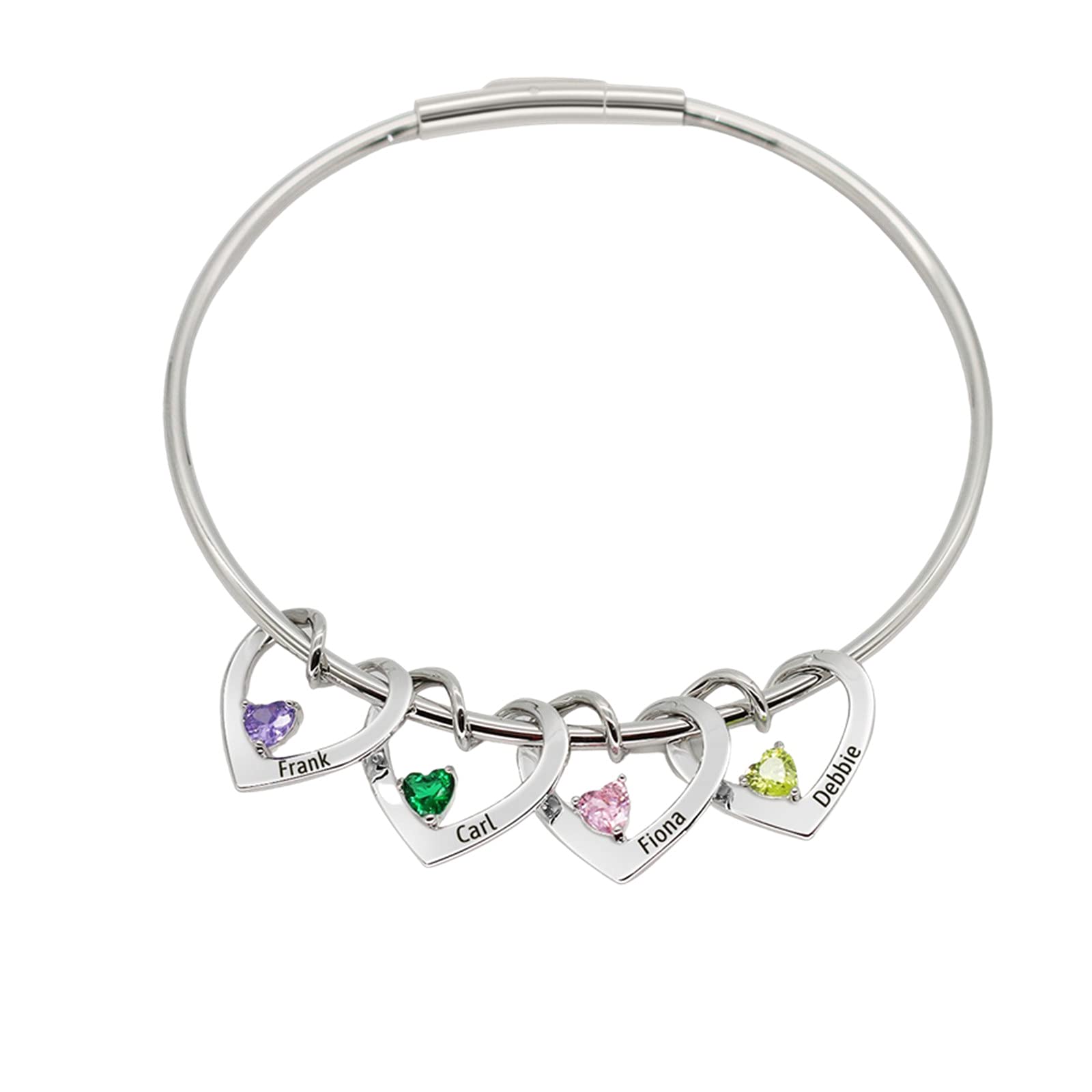Personalized Heart Birthstone Bracelet for Women - Custom Engraved Name Bangle Jewelry for Mom, Wife & Family - Perfect Christmas & Birthday Gift for Her - Ideal for Anniversaries, Mother's Day & Special Occasions