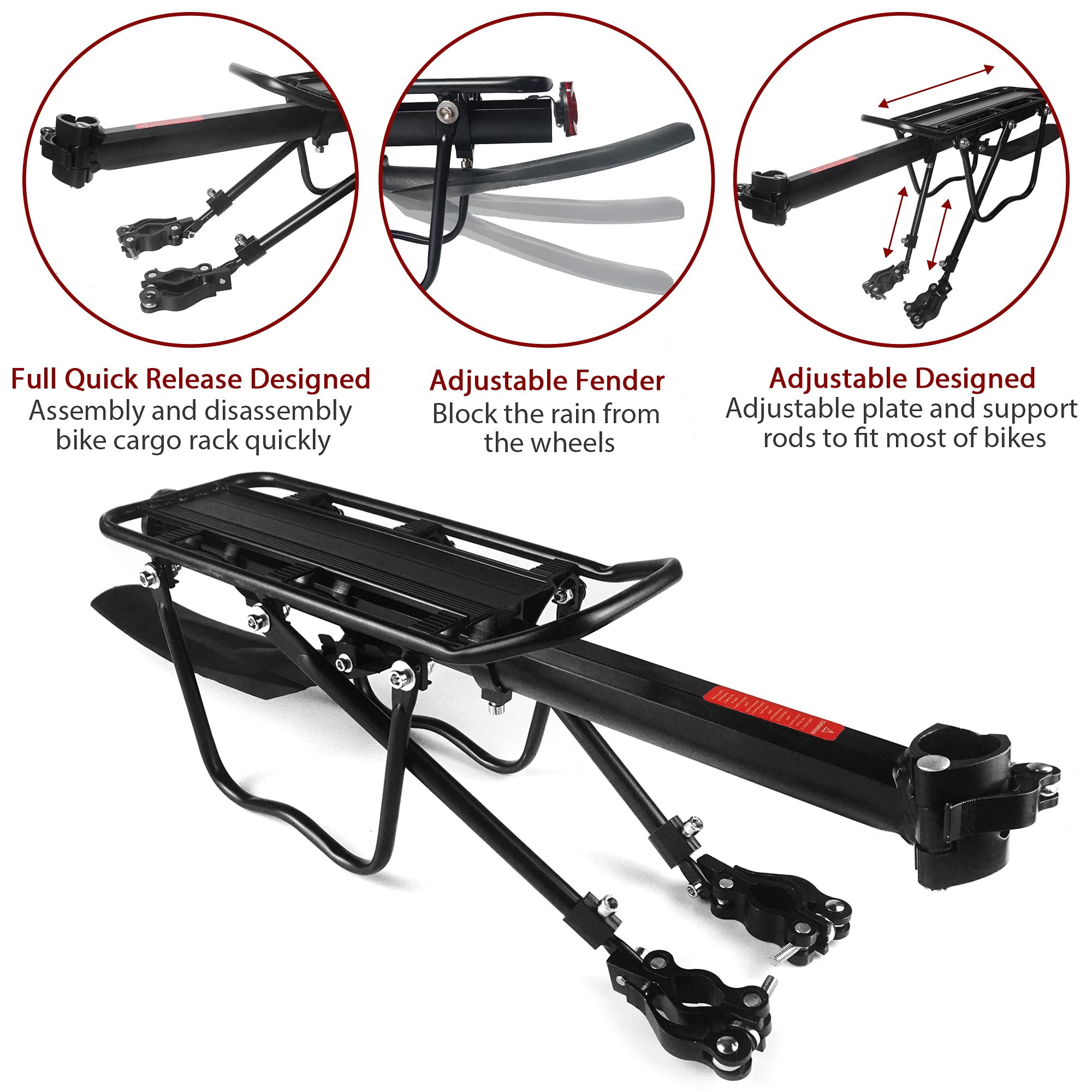 DIRZA Quick Release Adjustable Aluminum Alloy Bike Cargo Rack with Fender - 115 lbs Capacity Rear Bicycle Carrier for Commuting, Touring & Grocery Hauling - Black
