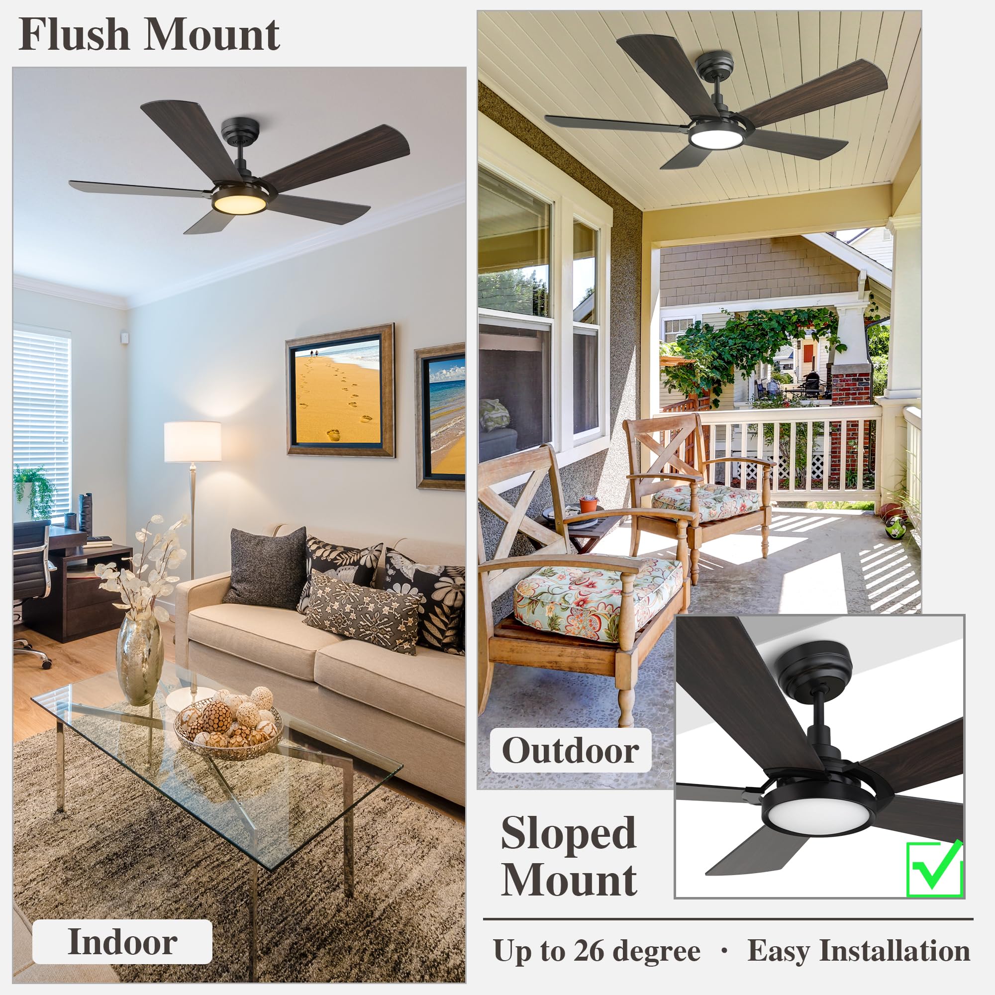 SMAAIR 52 Inch Low Profile Ceiling Fan with Light Remote Control - 10 Speed Reversible DC Motor, Smart Home Compatible with Alexa/Google Assistant/Siri - Dark Wood Finish - Perfect for Bedroom, Living Room, Patio & Outdoor Spaces