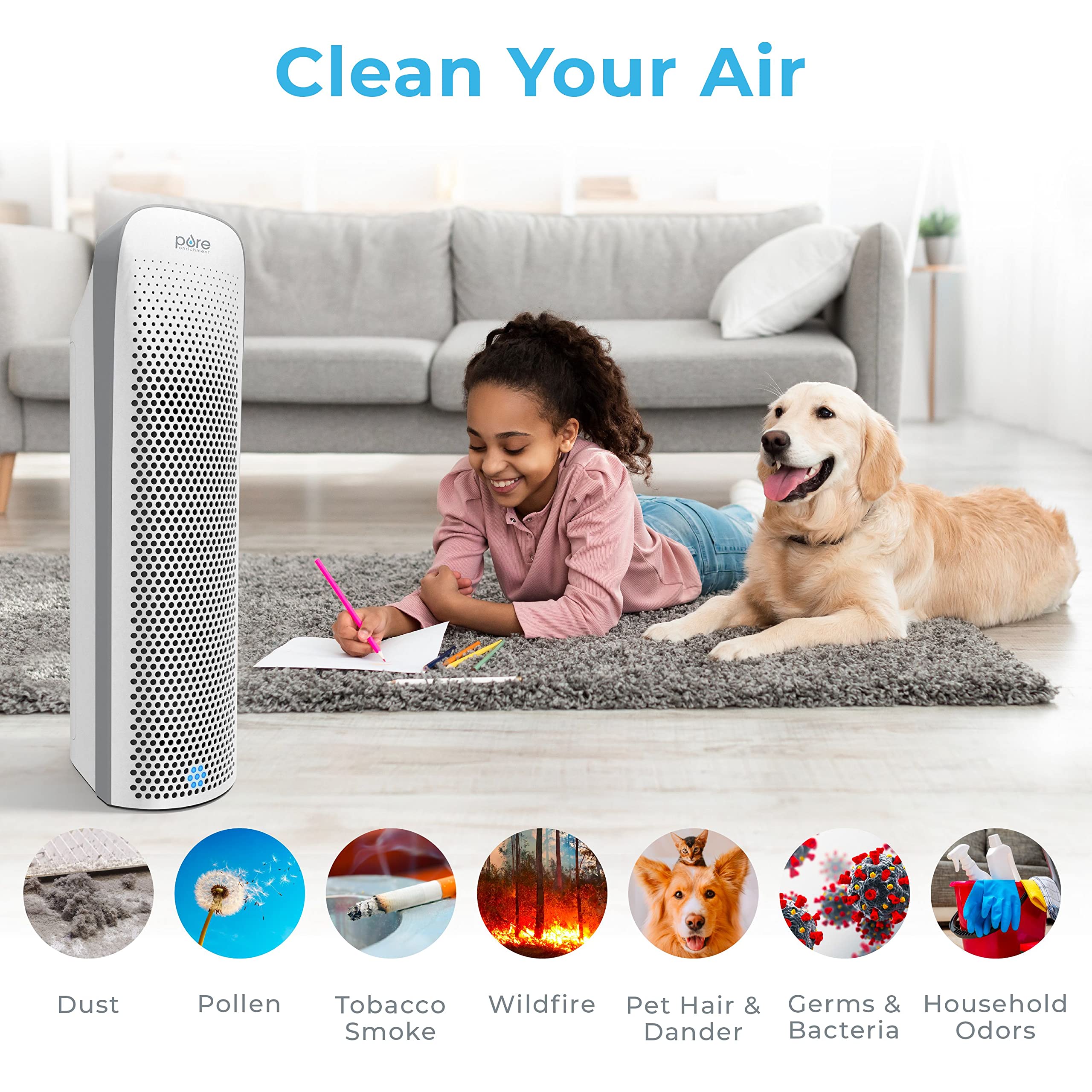Pure Enrichment PureZone Elite True HEPA Large Room Air Purifier with UV-C Light - 4 Stage Filtration System for Smoke, Pollen, Dust & Bacteria - White | Ideal for Bedroom, Living Room & Office Air Purification