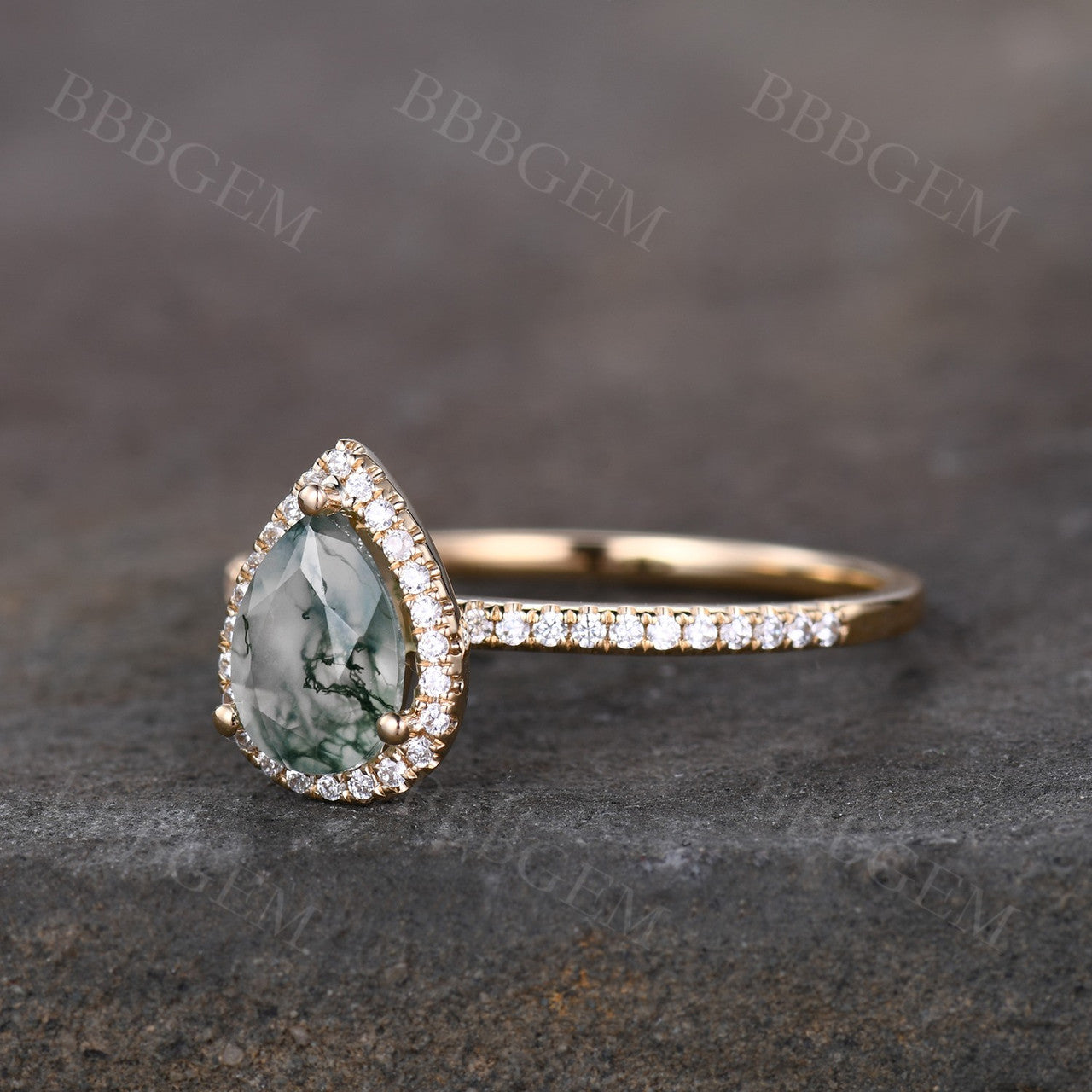 Pear Moss Agate White Gold Diamond Engagement Ring - Vintage Halo Style for Wedding Proposal & Anniversary Gift