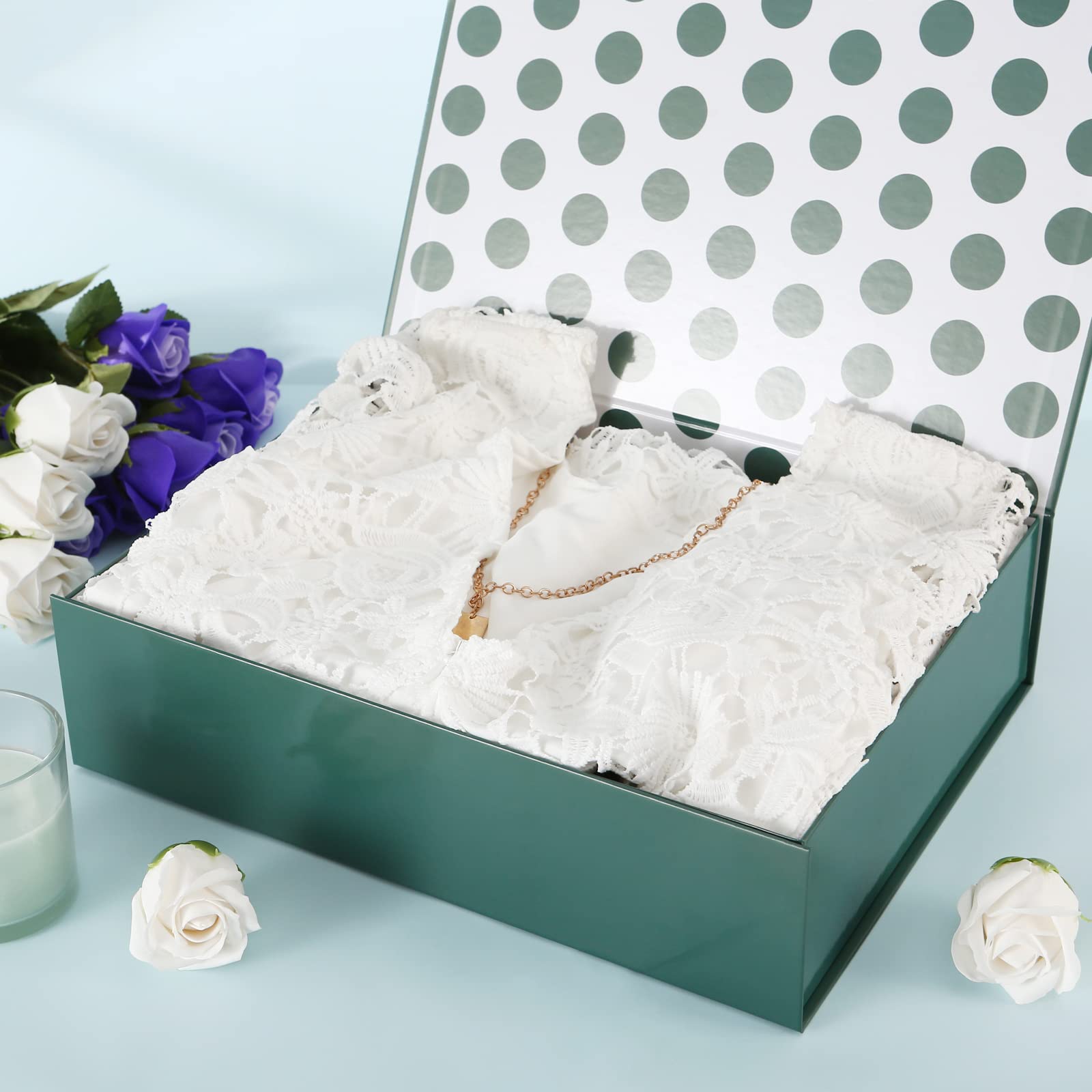 Premium Large 13x9.7x3.4 Inch Glossy Metallic Green Gift Box with Magnetic Lid - Elegant Dot Design Interior for Clothing, Shirts & Jewelry - Perfect for Birthdays, Weddings & Corporate Gifts