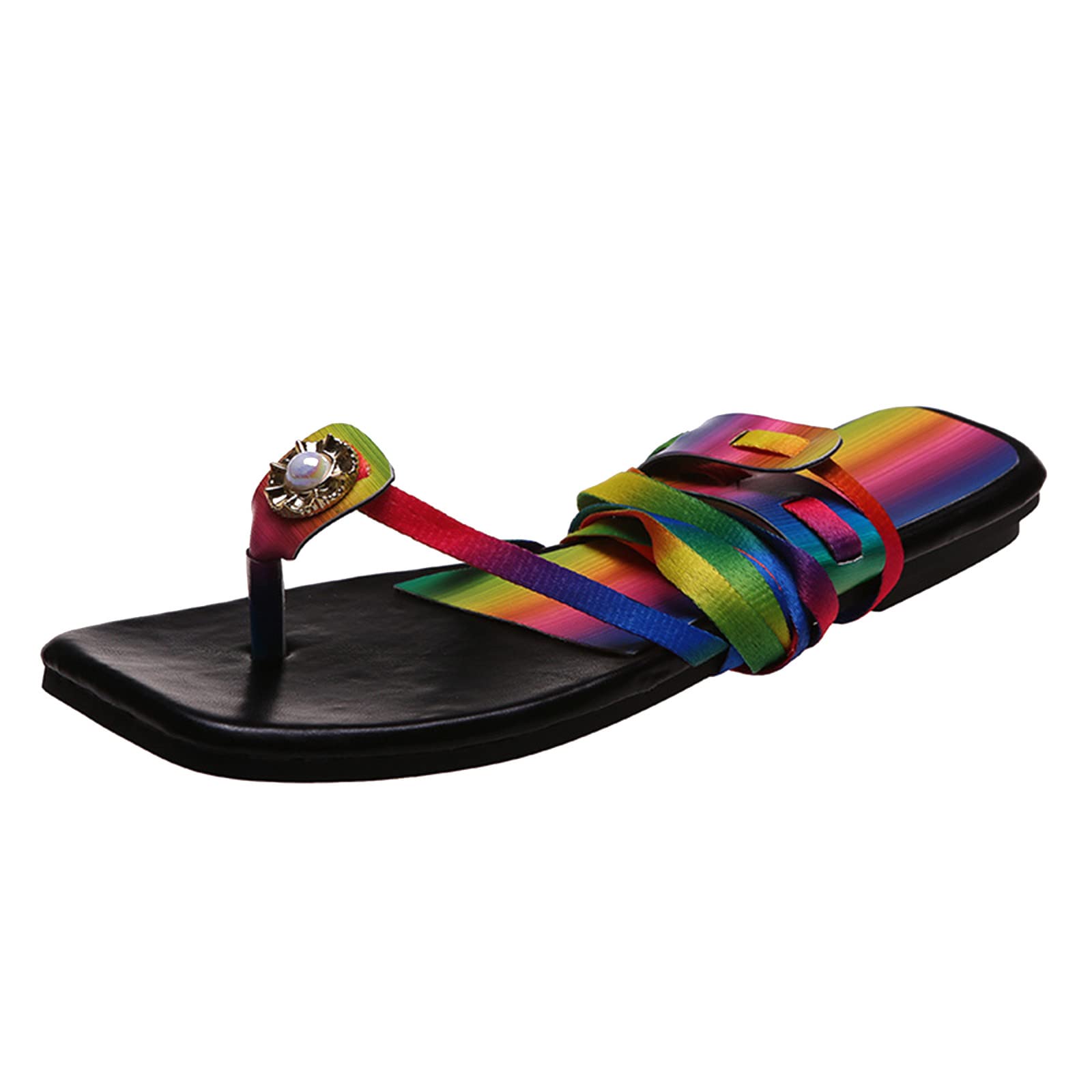 Women's Flat Sandals with Square Toe - Fashion Color Straps for Beach, Summer & Casual Wear - Comfortable Fairy Style Sandals for Women