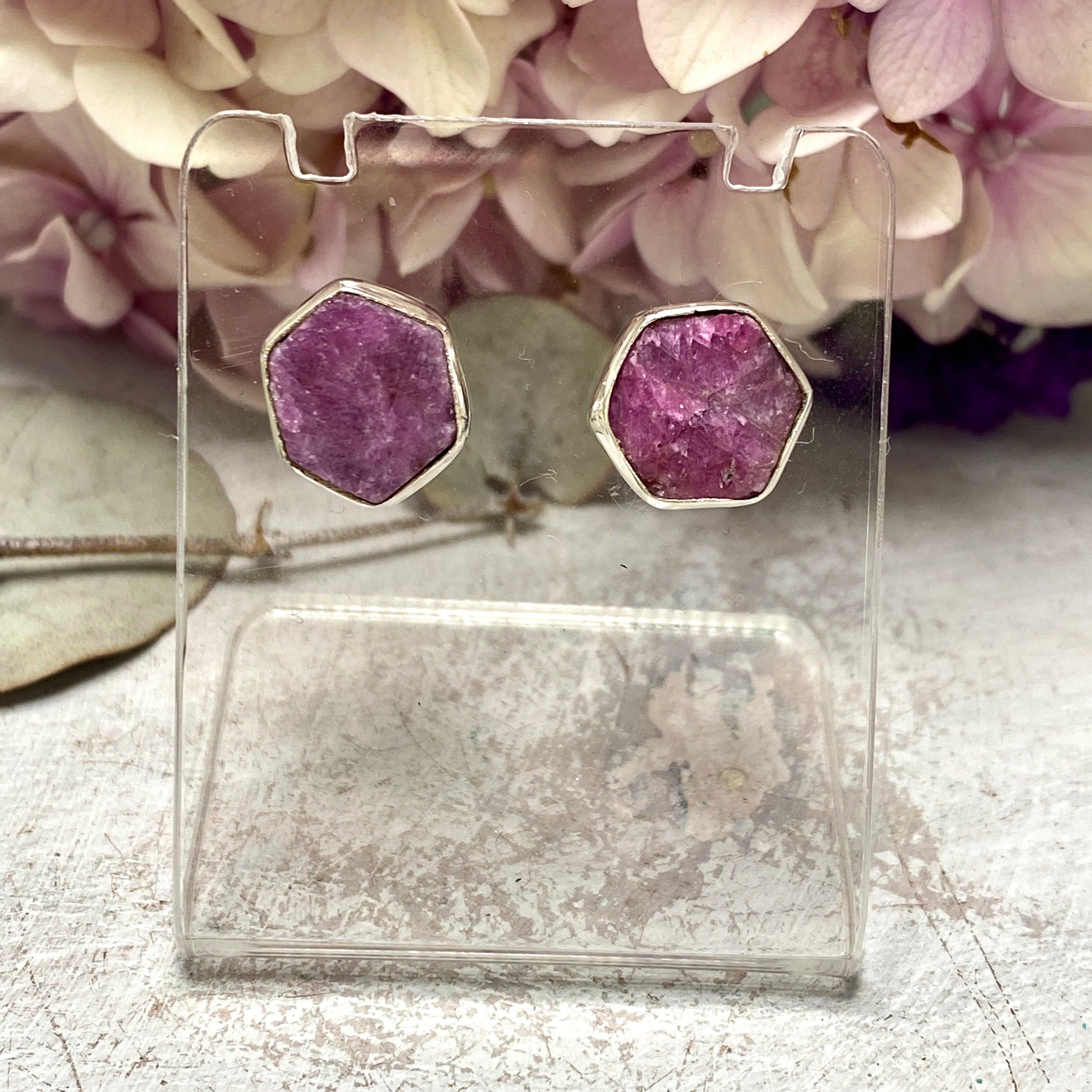 Natural Ruby Raw Hexagonal Stud Earrings KEGJ1255 - Elegant Handmade Jewelry for Women, Perfect for Weddings, Parties & Daily Wear