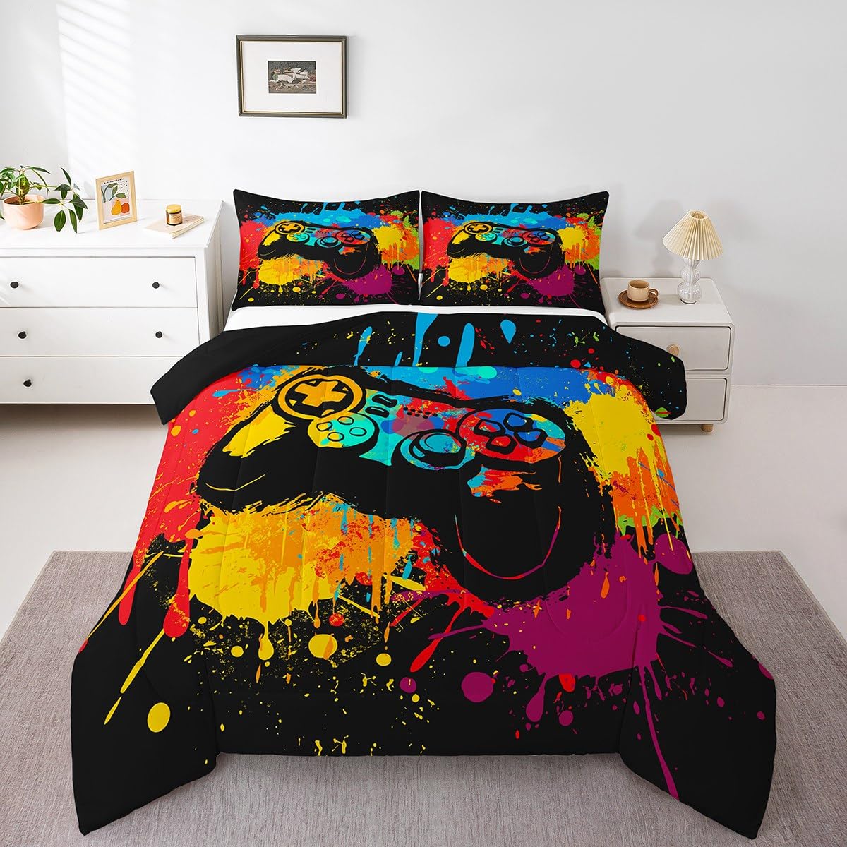 Erosebridal Kids Gaming Bedding Set - Full Size Comforter for Boys & Girls, Toddler Gamer Bedroom Decor in Orange - Perfect for Gaming Rooms, Sleepovers & Themed Bedrooms