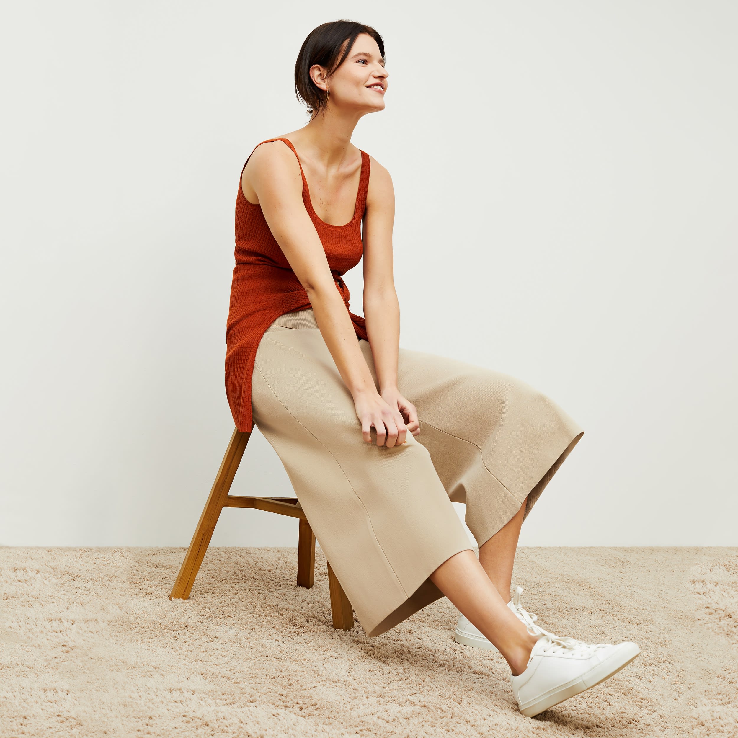 Rogala Stretch Culotte Jumpsuit & Knit Cardigan Set in Latte - Comfortable Lounge Wear for Women, Perfect for Home, Office and Casual Outings