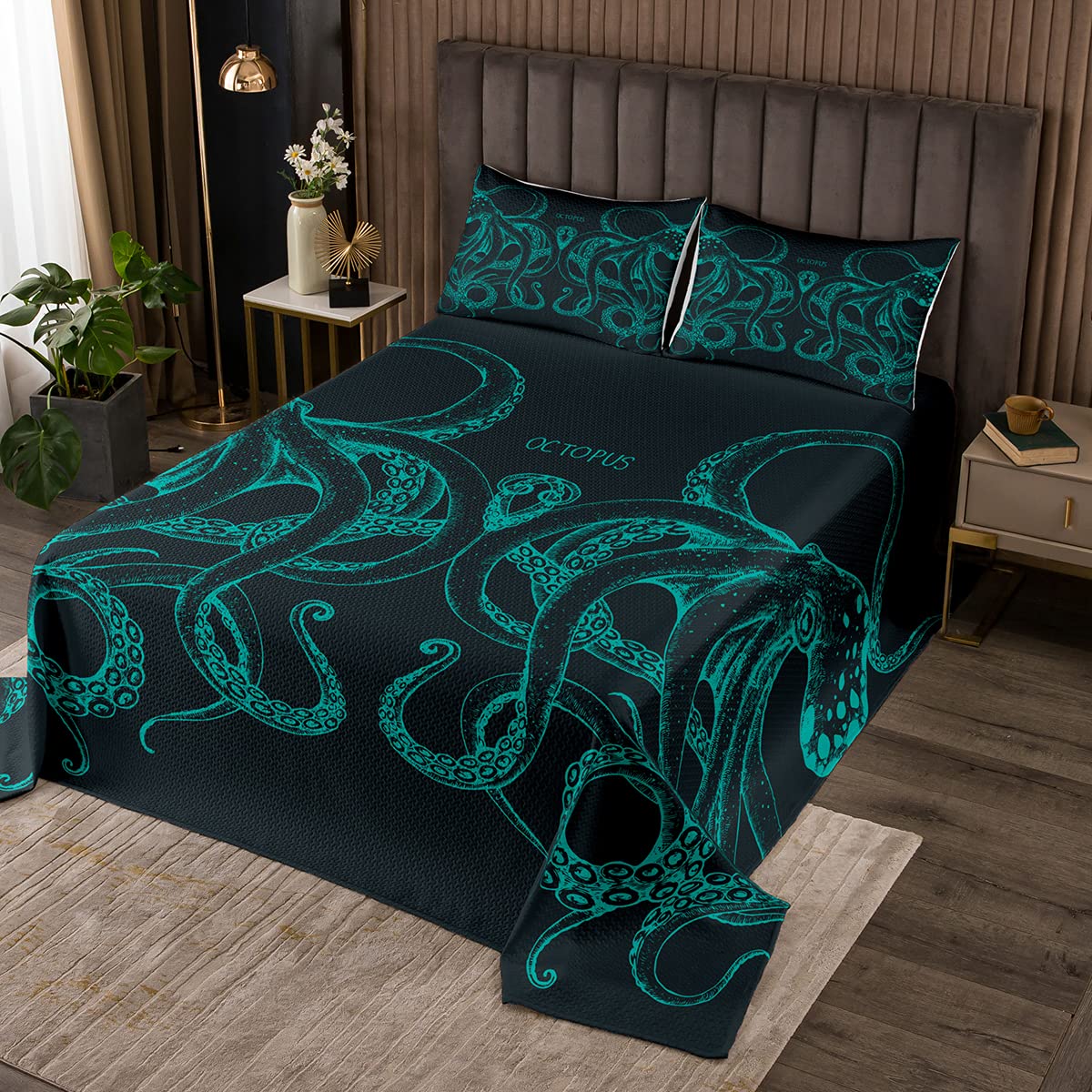 Erosebridal Octopus Quilt Set - Gothic Tentacle Bedspread with Sea Animal Design, Trippy Green & Black King Size Comforter for Halloween Decor, Coastal Dorm Room, Gothic Bedroom & Unique Home Decor