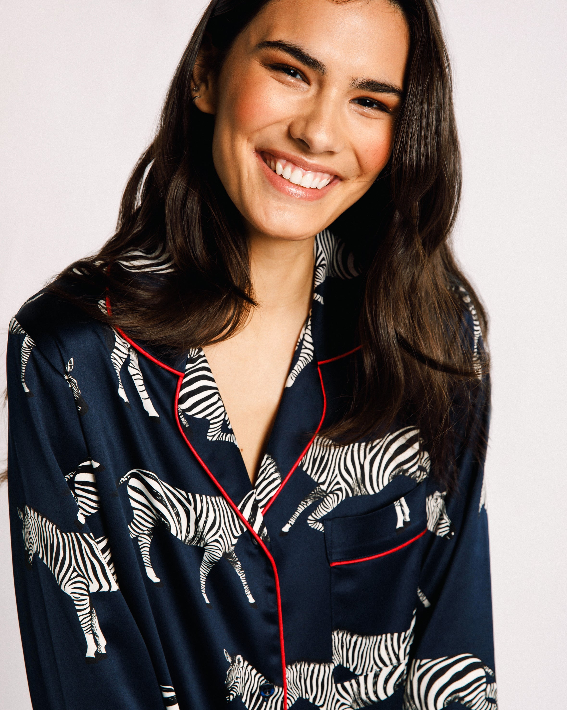 Satin Zebra Print Long Pajama Set for Women - Soft & Comfortable Sleepwear - Navy Blue - Perfect for Lounging, Sleepovers & Relaxing at Home