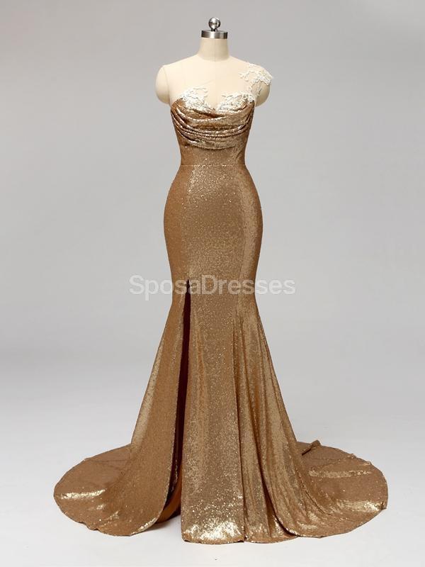 Gold Sequin One Shoulder Mermaid Long Bridesmaid Dresses for Weddings & Formal Events - Elegant Evening Gowns for Prom, Party & Special Occasions - WG596