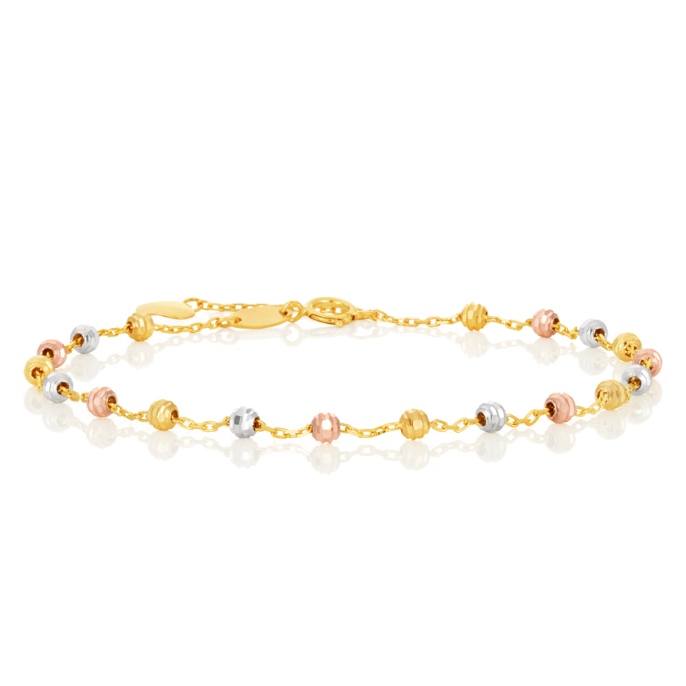 9ct Gold Three-Tone Beaded Bracelet - 17cm Length with 2cm Extension Chain - Elegant Jewelry for Women, Perfect for Parties, Weddings & Everyday Wear
