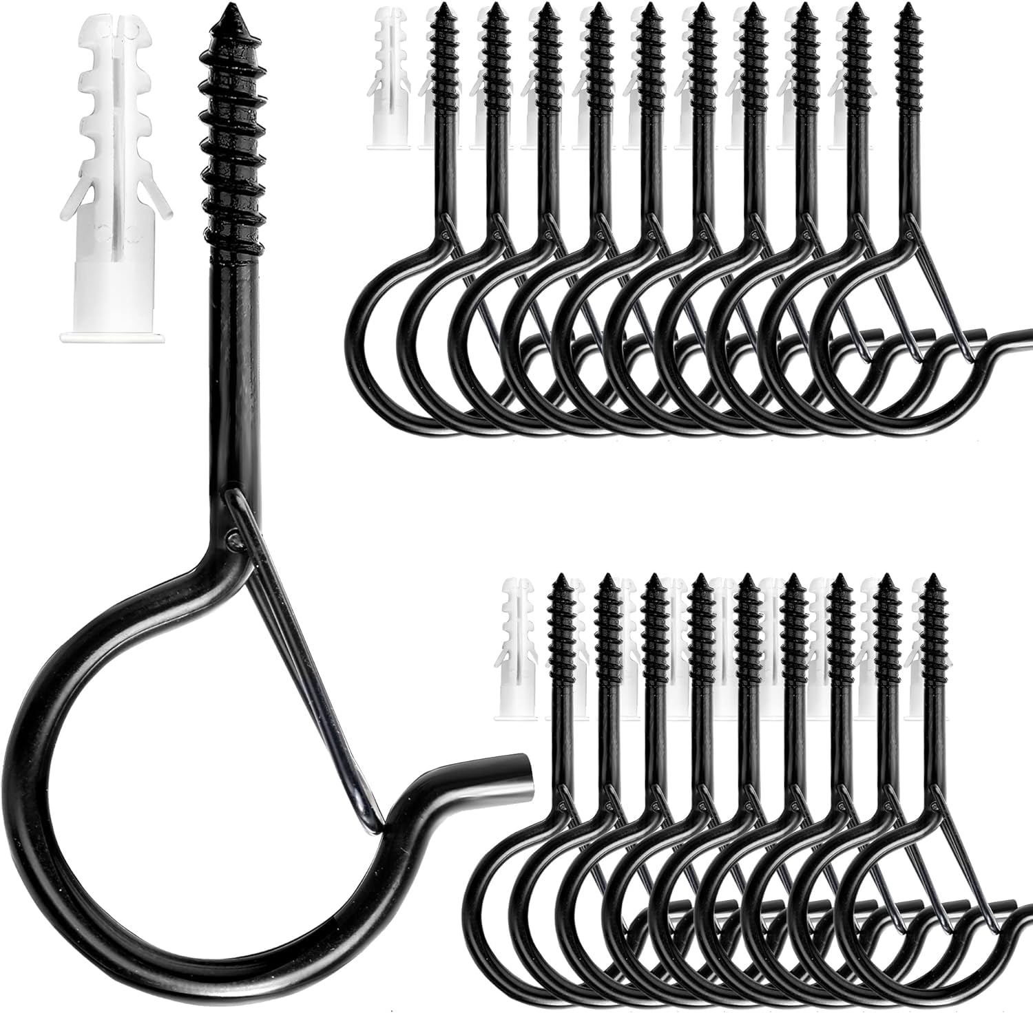 20PCS Heavy Duty Windproof Screw Hooks for Q Hangers - Coated Black Metal Eye Screw Hooks with Safety Buckle (2.2 Inch) - Perfect for Hanging Ceiling Decor, Outdoor String Lights, Plants, Patio Lights & Wood Projects