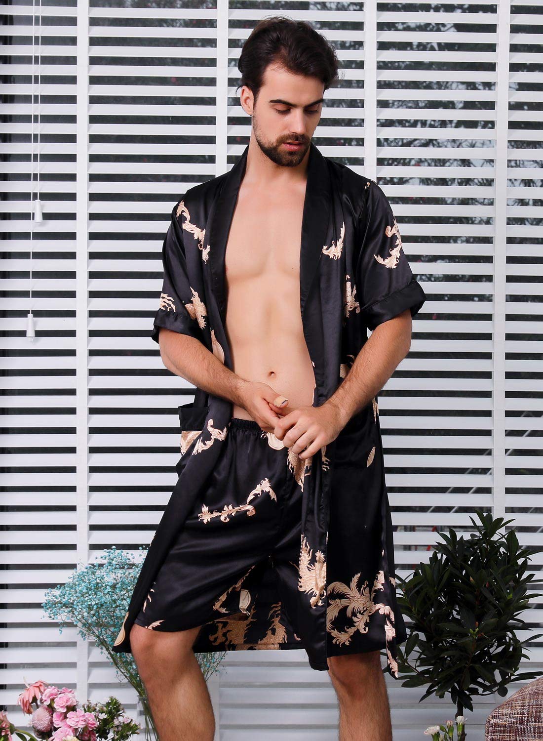 Luxury Men's Satin Robe with Shorts - Soft Silk Kimono Bathrobe for Spa, Lounge & Sleep - Elegant Pajama Nightgown for Home Relaxation & Gift Giving