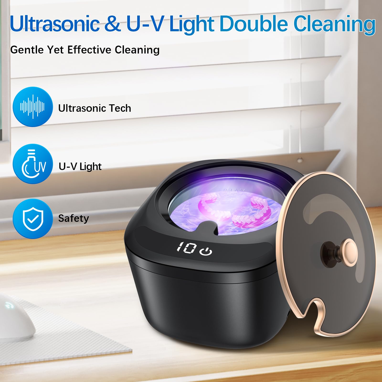 Raccomb 45kHz Ultrasonic Cleaner with LED Light - 230mL Denture, Aligner & Mouth Guard Cleaner | Jewelry & Dental Appliance Sonic Cleaning Machine for Home & Travel Use