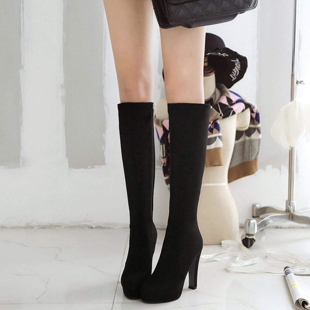 Scaruki Women's Elegant Mid-Calf Boots with Block Heels & Platform - Stylish Fall/Winter Fashion for Office, Party & Night Out