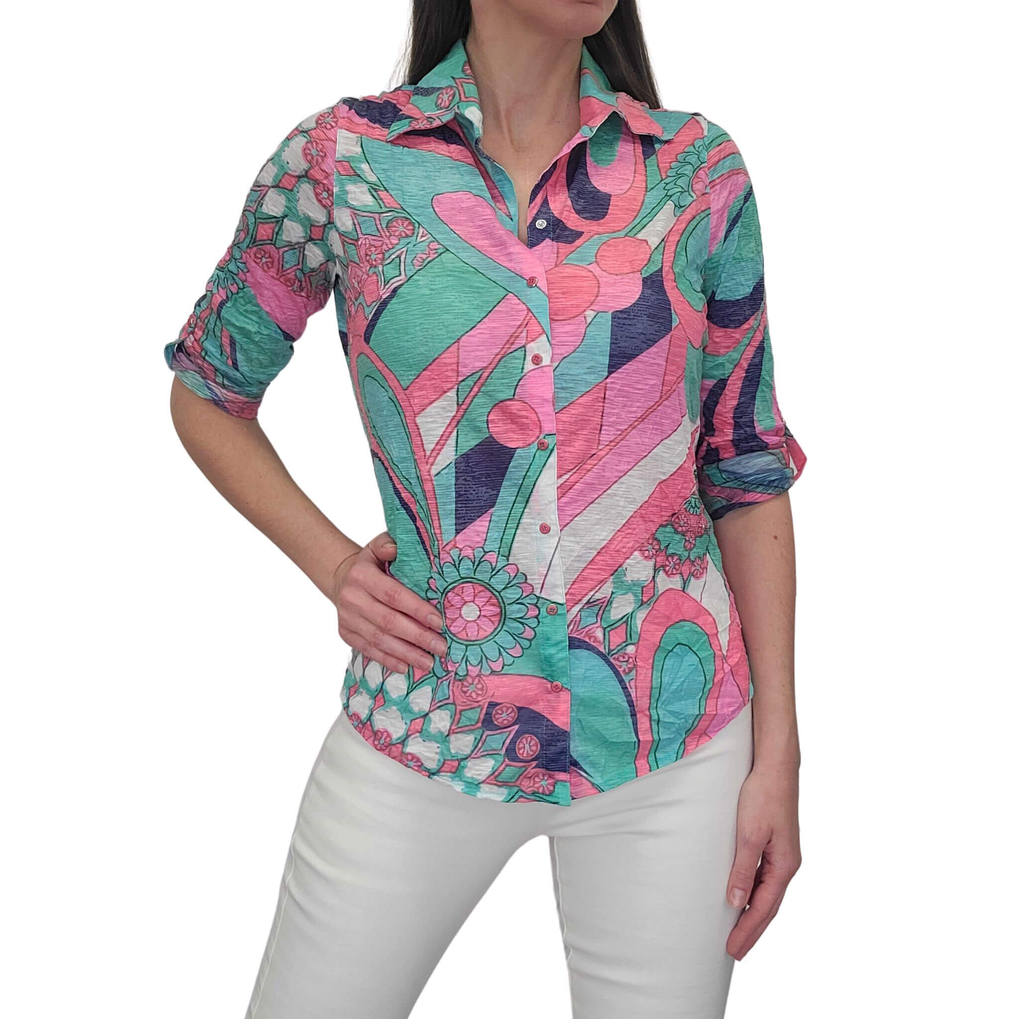 David Cline Roll Up Sleeve Top for Women - Casual Short Sleeve Blouse with Button Front & Adjustable Cuffs - Perfect for Office, Date Night & Summer Outfits