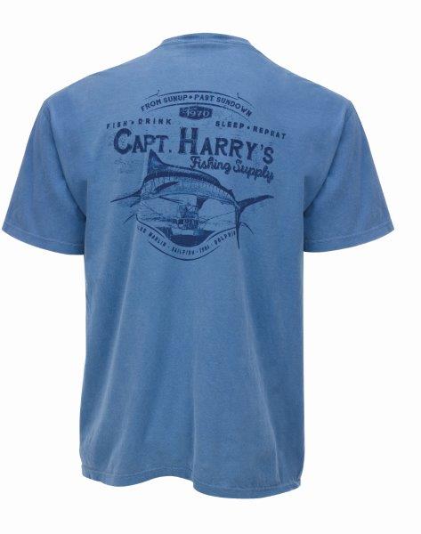 Capt. Harry's Burly Marlin Short Sleeve T-Shirt - Blue Denim Color - Perfect for Fishing, Boating & Outdoor Adventures