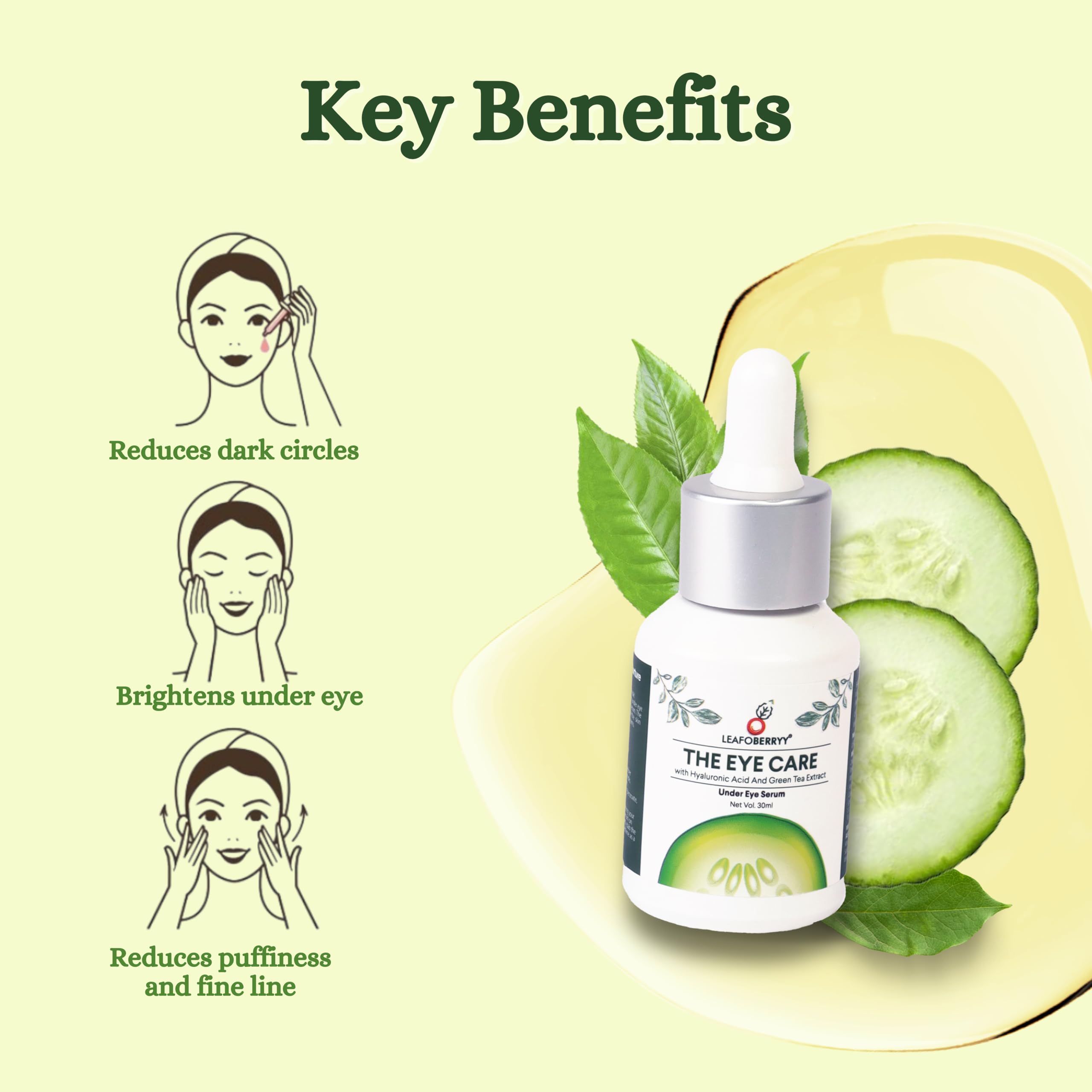 Leafoberryy Under Eye Serum with Niacinamide & Green Tea Extract - Dark Circle & Puffiness Treatment | Hydrating Formula with Hyaluronic Acid & Allantoin | Brightens Under-Eye Area | 30ml | Perfect for Morning/Night Skincare Routine & Travel