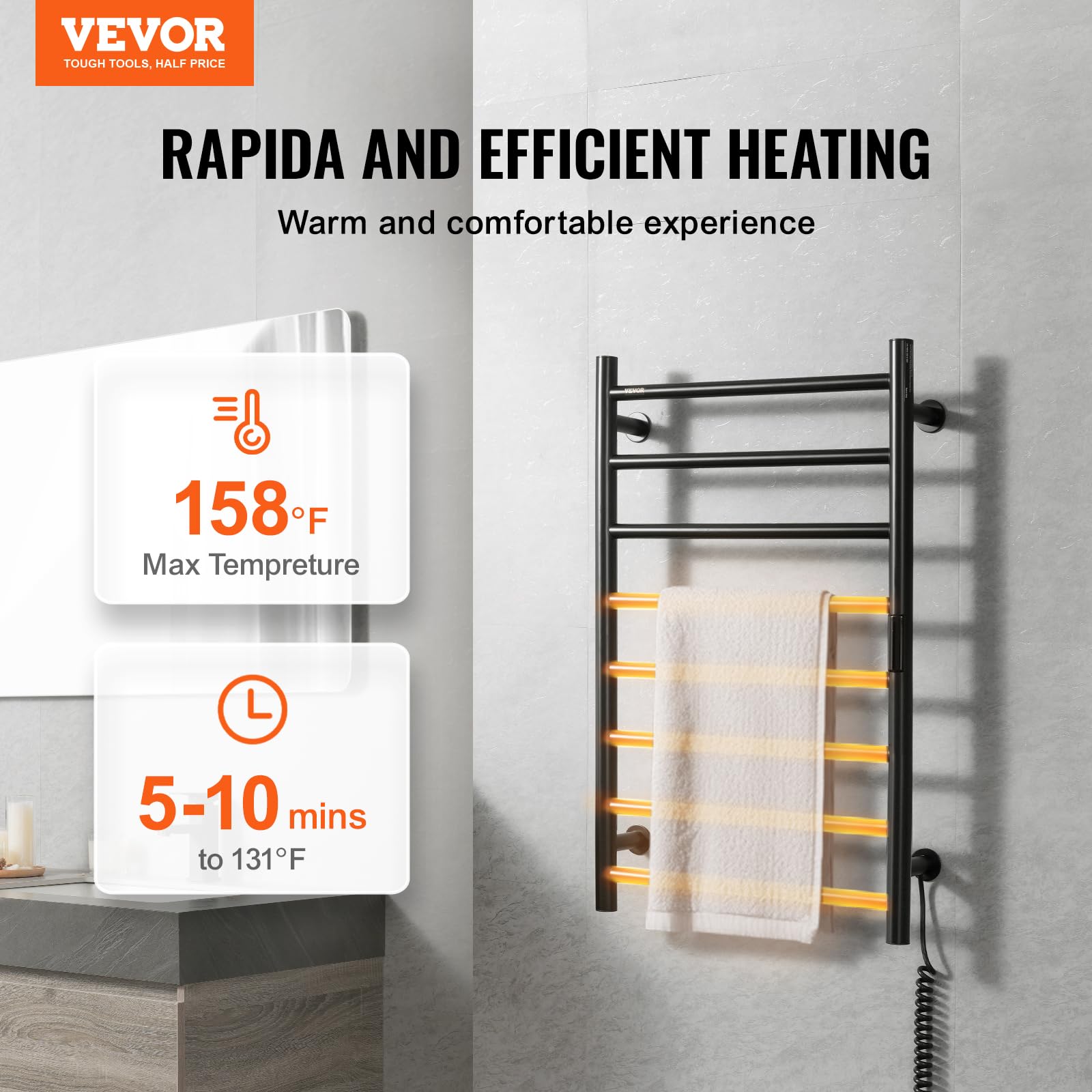 VEVOR 8-Bar Wall Mounted Heated Towel Rack for Bathroom - IPX5 Waterproof Towel Warmer with Timer, LED Display & 5 Adjustable Temperature Settings - Perfect for Spa, Luxury Hotels & Home Bathroom (Black)