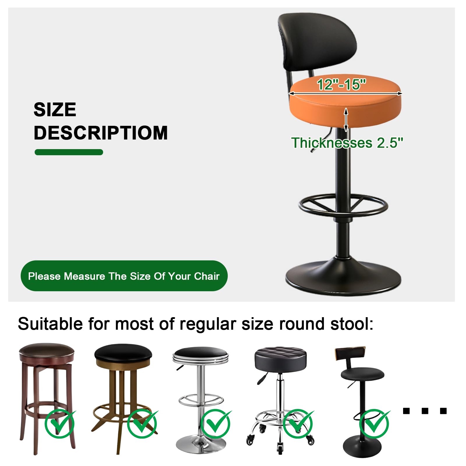 FUANGUI 2-Pack Waterproof PU Bar Stool Covers with Elastic Bands - Washable Round Seat Slipcovers for 12-15 Inch Bar Stools (Orange) - Perfect for Kitchen, Dining Room & Outdoor Use