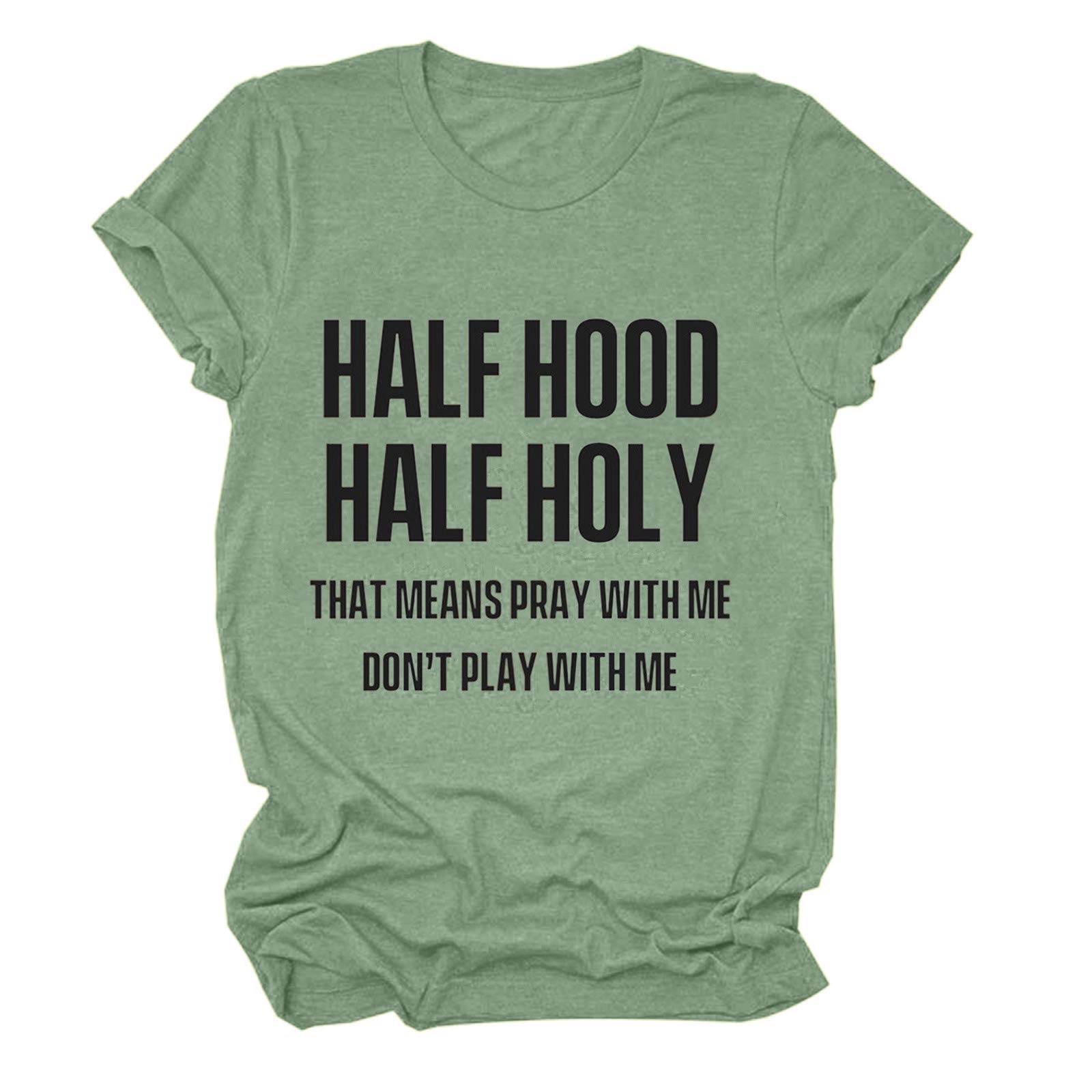 COOKI Half Hood Half Holy Women's Graphic Letter Short Sleeve T-Shirt - Casual Tunic Top for Everyday Wear, Street Style & Lounge Outfits