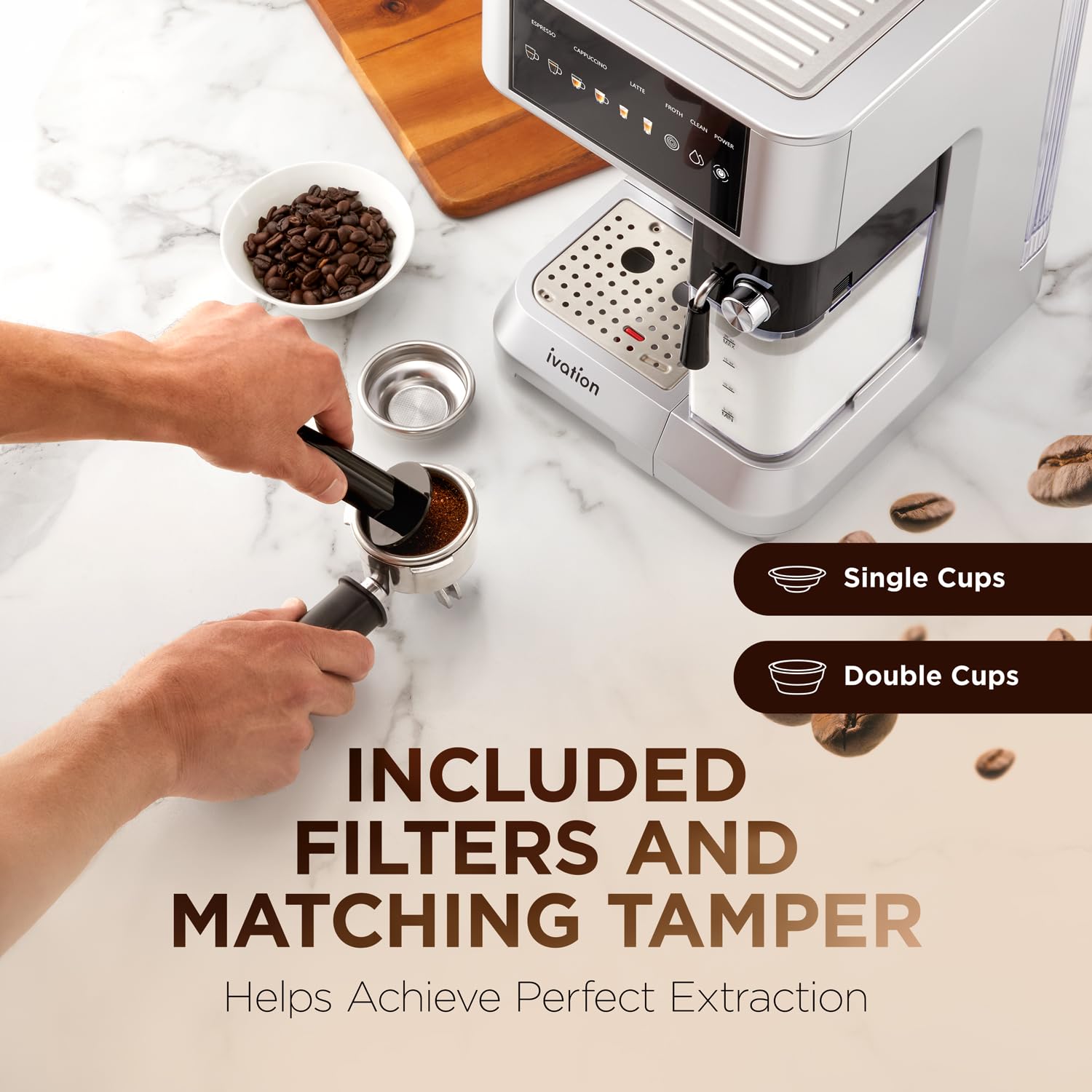 Ivation 58mm Espresso & Cappuccino Machine with Milk Frother - Home Coffee Maker for Single & Double Shots - Makes Espresso, Latte, Cappuccino - Auto Clean & Descale Feature - Detachable Milk Reservoir - Perfect for Home Baristas & Coffee Lovers