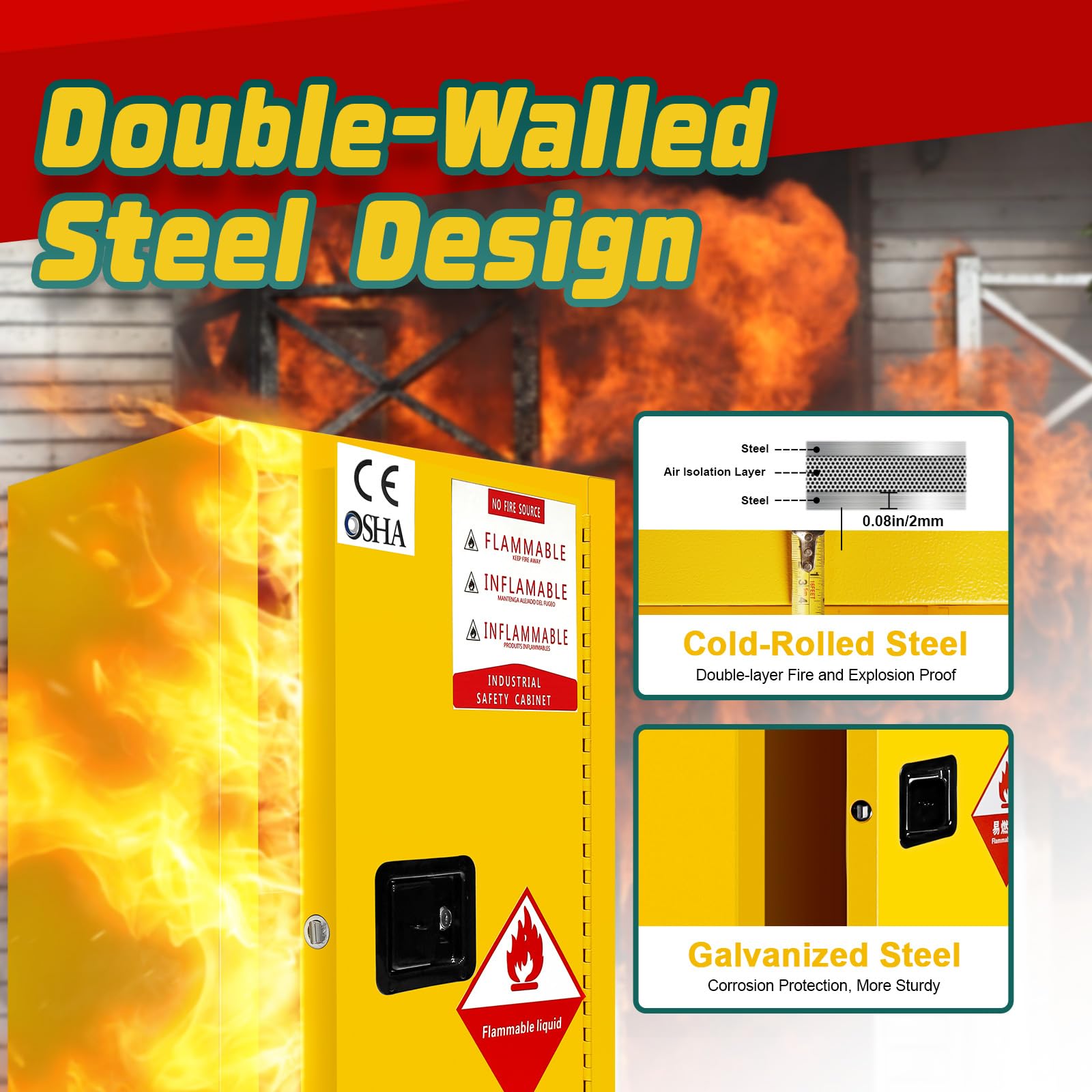 16 Gallon Flammable Storage Cabinet - 18''x18''x35'' Yellow Fire Safety Cabinet for Flammable Liquids, Heavy-Duty Cold-Rolled Steel Construction - Ideal for Industrial Workshops, Laboratories, Garages & Home Use