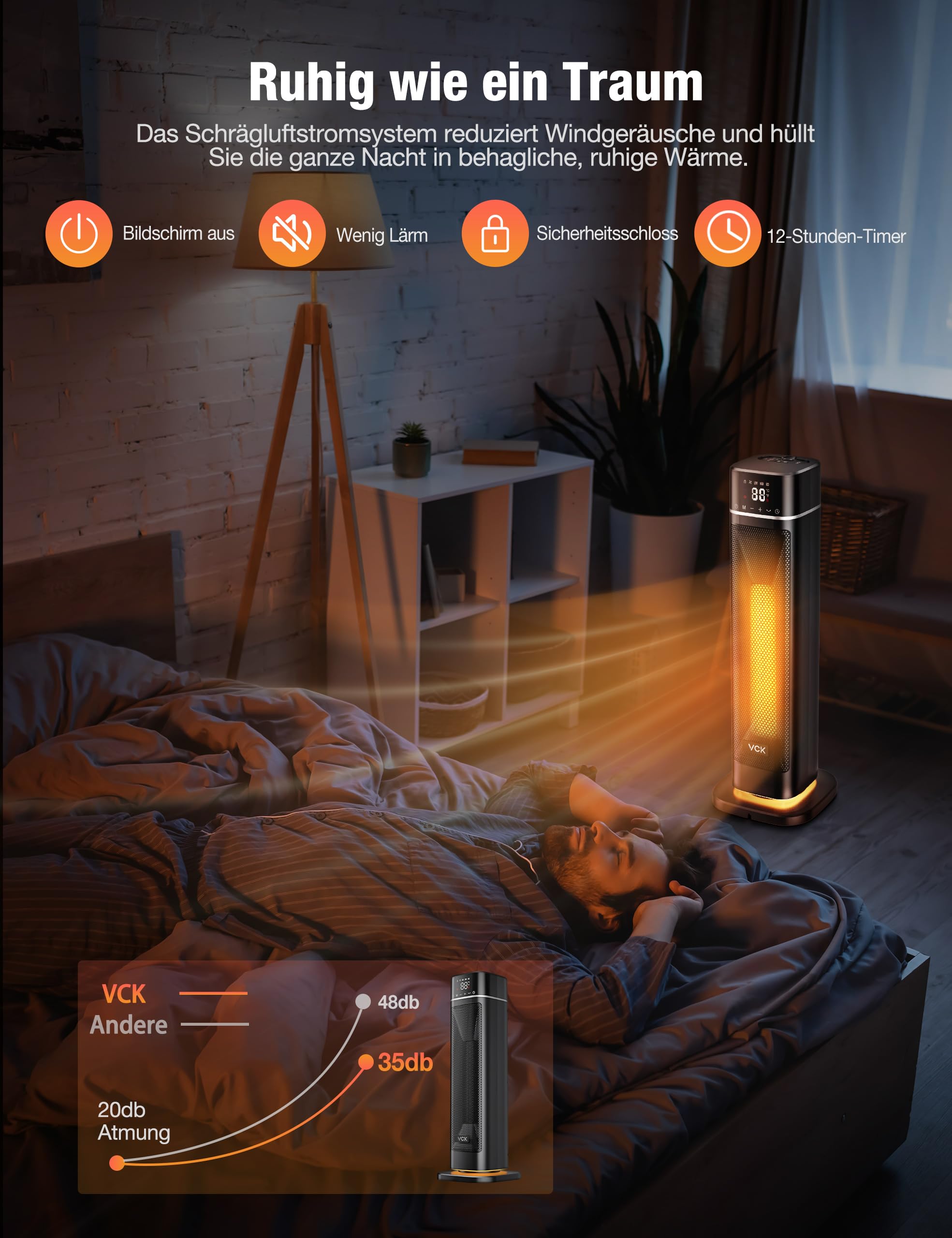 Energy Efficient 60cm Ceramic Fan Heater with Remote Control - 12 ft/s Fast Heating, 80° Oscillation, 4 Modes & 12-Hour Timer - Quiet Space Heater with Night Light, Overheat & Tilt Protection - Perfect for Bedrooms, Offices & Small Spaces