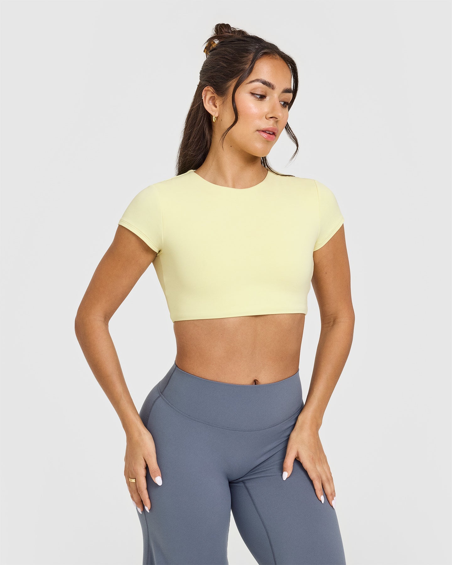 SoftMotion™ Women's Short Sleeve Crop Top - Pastel Yellow | Stretchy Comfort Fit | Perfect for Yoga, Gym & Summer Outfits