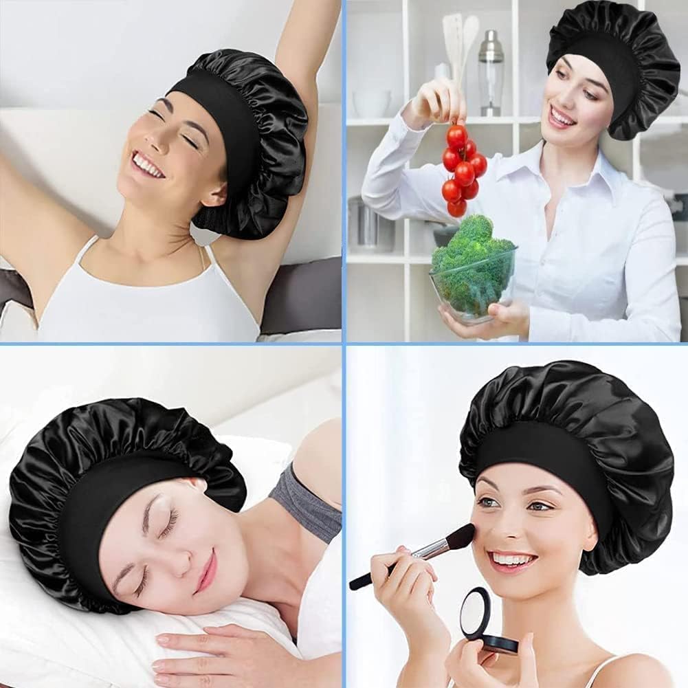 Silk Sleep Bonnet for Women & Girls - Adjustable Night Cap for Curly & Black Hair - Black One Size - Perfect for Nighttime Hair Protection & Styling