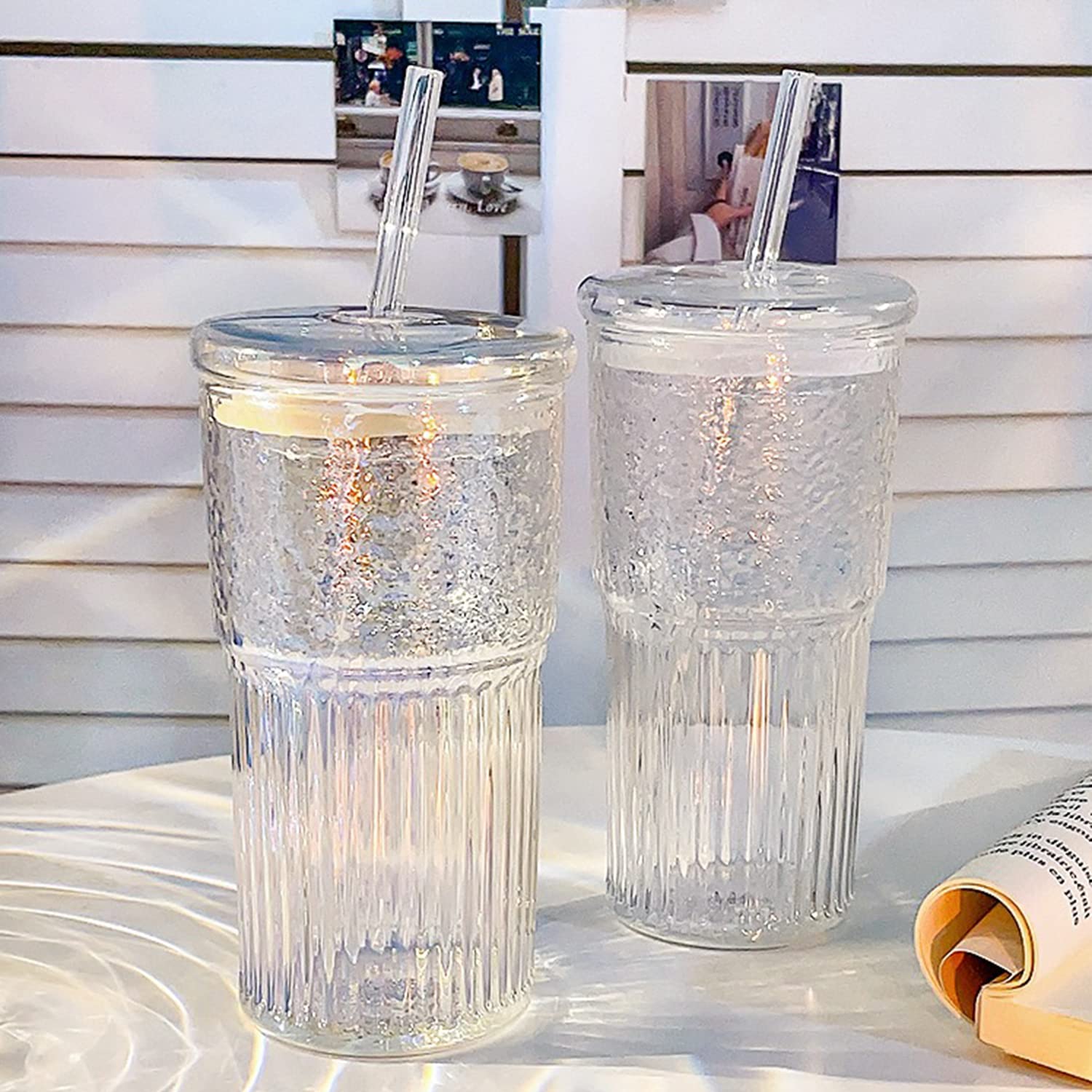 2 Packs 20 oz Glass Tumbler with Lids and Straws - Reusable Clear Glass Coffee Mug for Hot & Cold Drinks - Insulated Thick Wall Iced Tea Cup - Perfect for Coffee, Tea, Smoothies at Home, Office or Travel