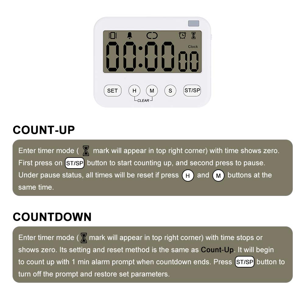 Stonylab 2 Pack Digital Timer Clock - Premium Multi-Function Countdown Timer with Alarm, Magnetic Back, Large Display (Vibration/Flash/Sound) - Perfect for Kitchen, Cooking, Baking, Meetings & Classroom Activities