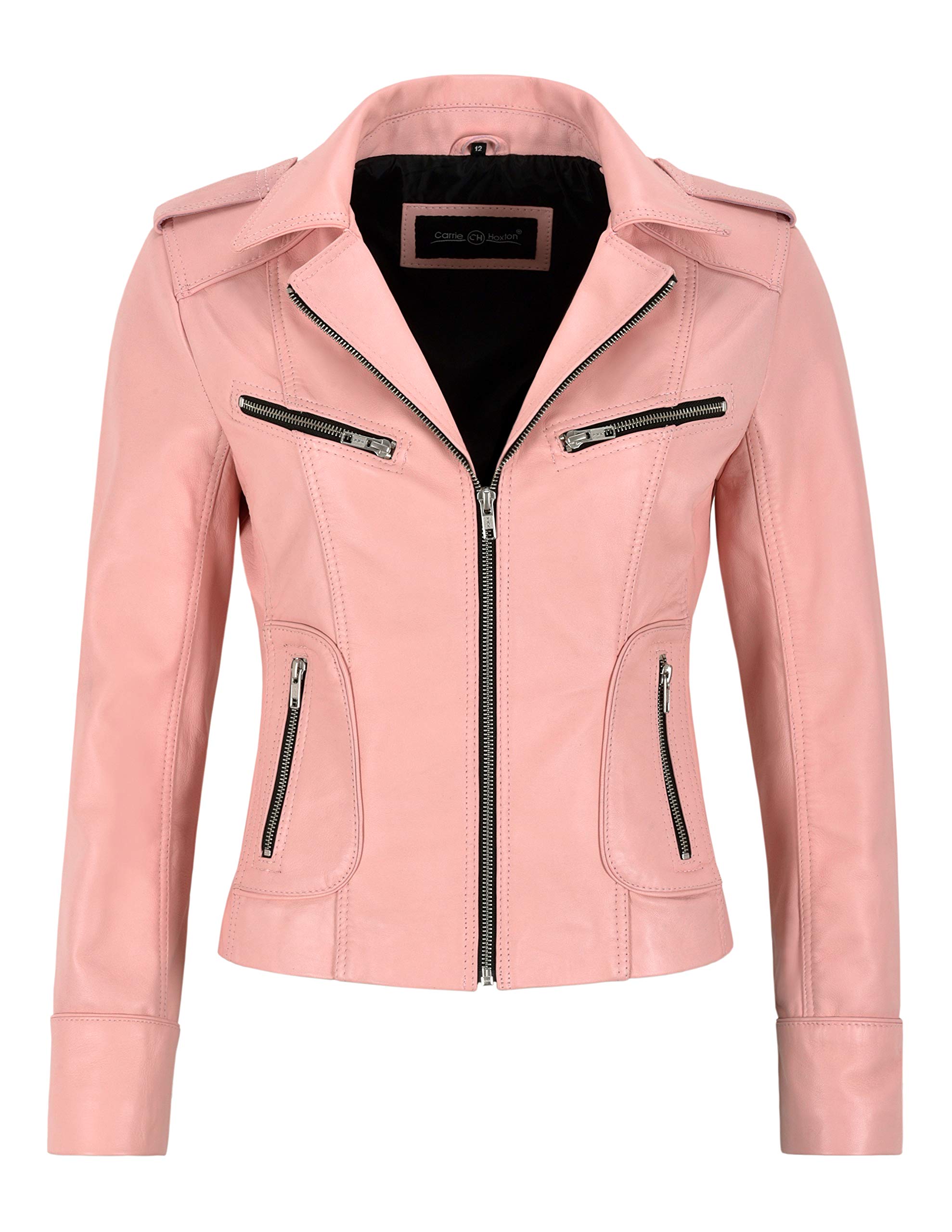 Women's Real Lambskin Leather Jacket - Baby Pink with Black Zipper & Lining | Fashionable Outerwear for Casual Wear, Date Nights & Fall/Winter Style (Model 9823)