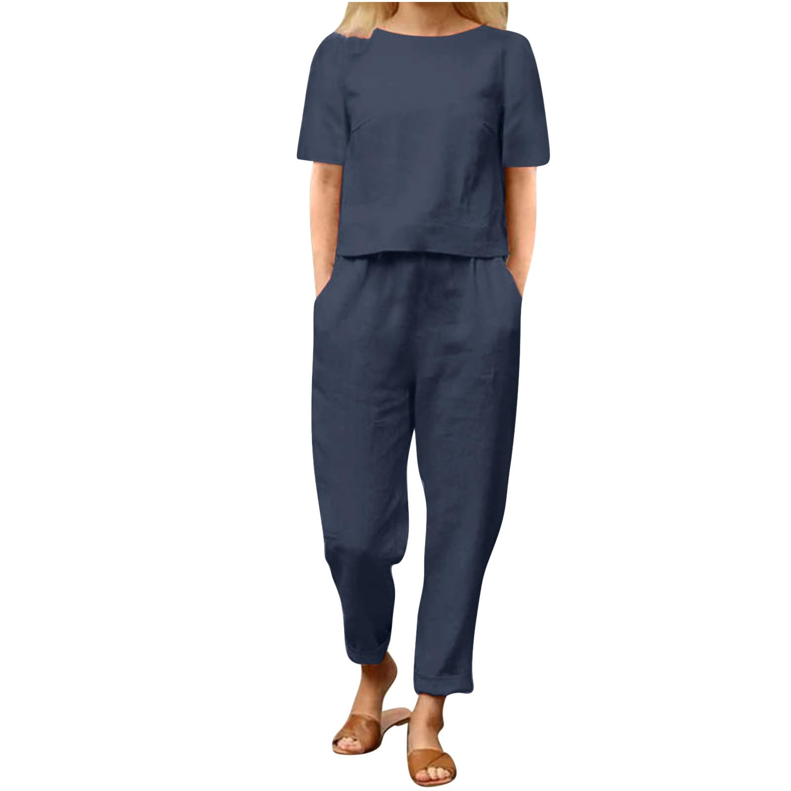 Women's Summer Two Piece Set 2024 - Cotton Linen Top & Long Pants Lounge Outfit with Pockets | Casual Travel & Vacation Wear