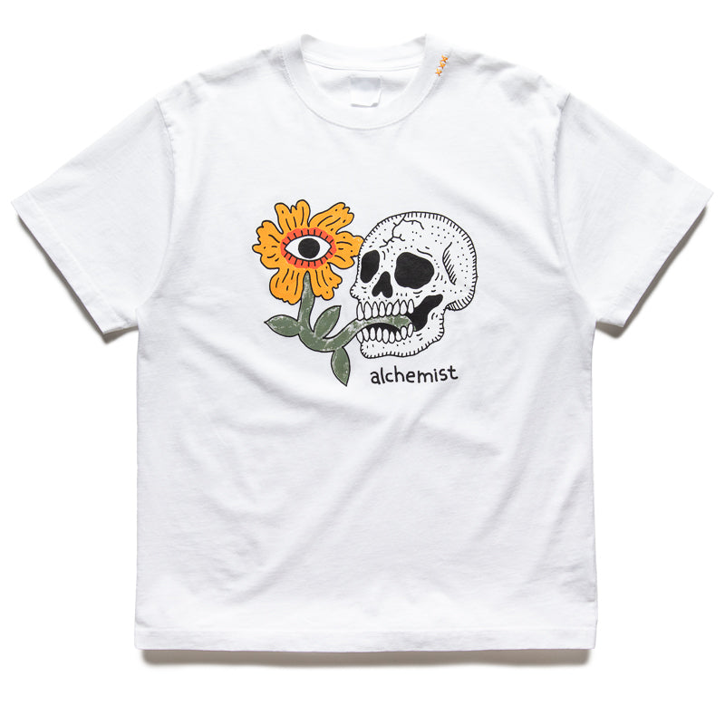 Alchemist Floral Skull T-Shirt for Men & Women | Gothic Graphic Tee | White Cotton Streetwear | Perfect for Halloween, Concerts & Alternative Fashion