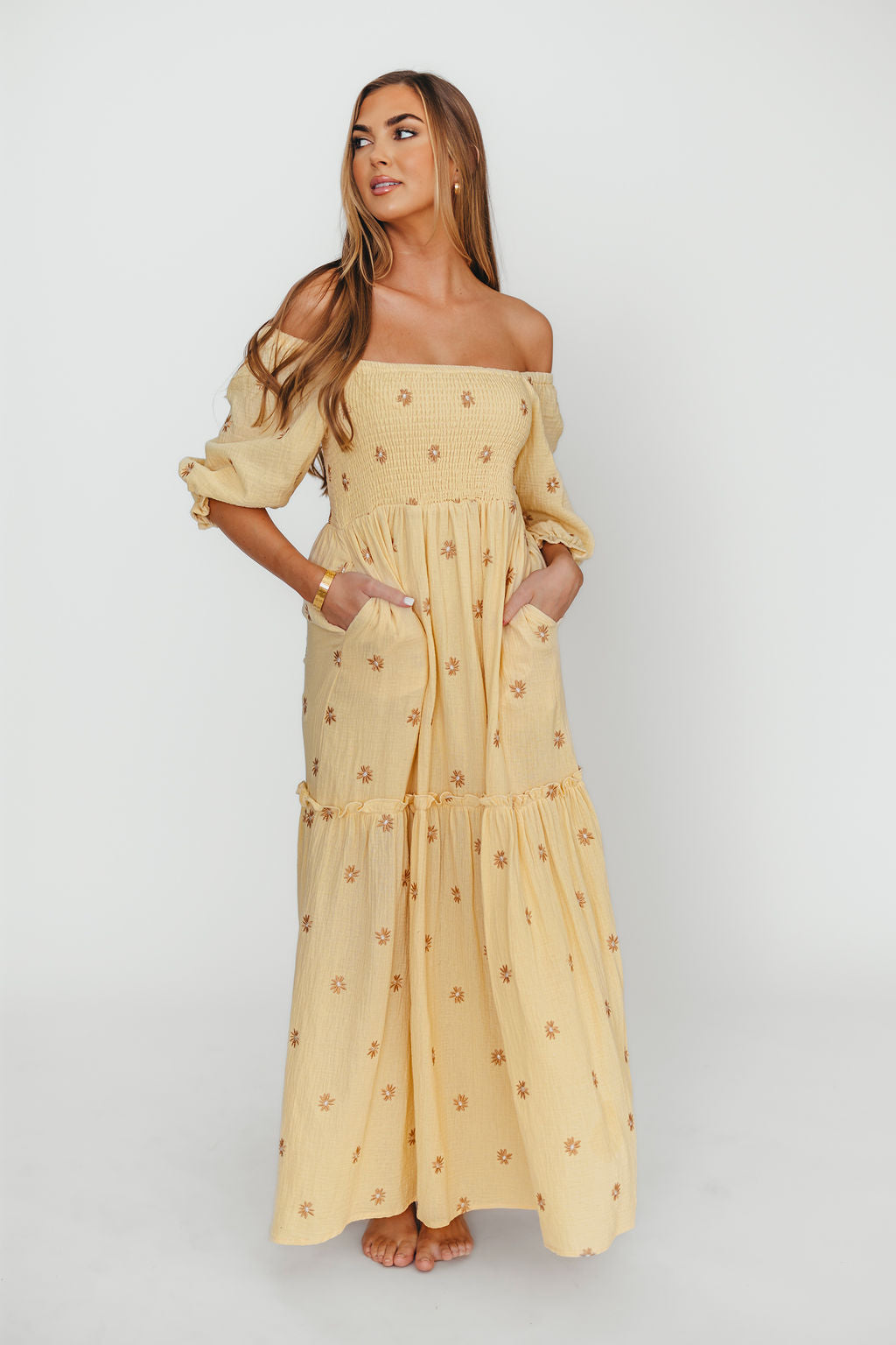 Nia Embroidered Floral Midi Dress in Beige - Elegant Boho Summer Dress for Women, Perfect for Weddings, Parties & Beach Vacations