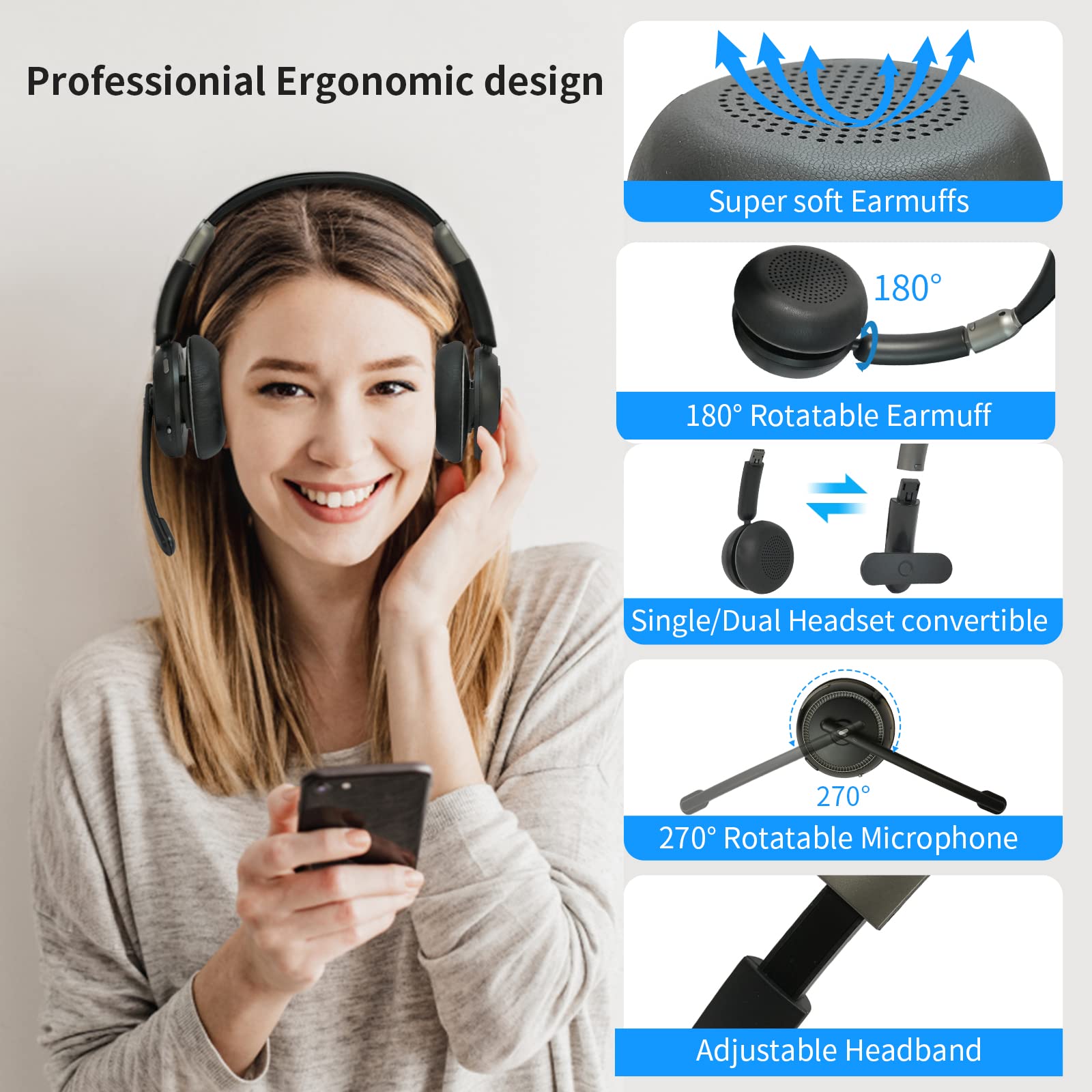 Wireless Bluetooth Headset with Microphone V5.2 - AI Noise Cancelling Single/Dual Ear Headphones for Phone, Laptop, Office - Perfect for Truckers, Call Centers, Zoom Meetings & Online Classes