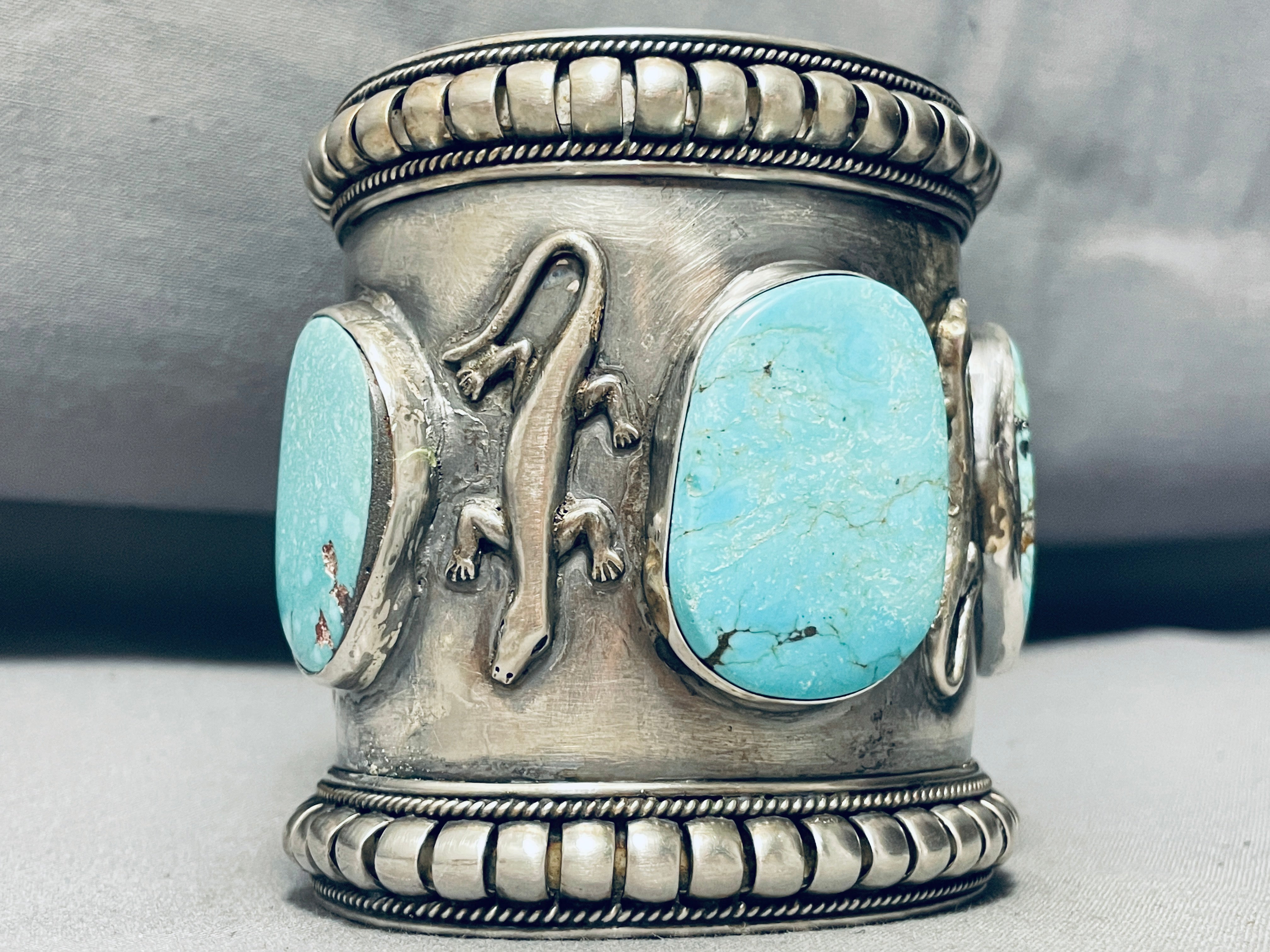 Authentic Native American Navajo Turquoise Sterling Silver Bracelet - 160 Gram Handmade Gecko Design Jewelry for Women, Perfect for Boho Fashion & Spiritual Healing