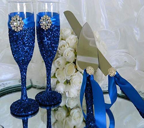 Royal Blue Wedding Set - 2 Champagne Flutes, 2 Cake Knives & 3 Candle Holders (7-Piece) | Elegant Toasting Glasses & Wedding Cake Cutters | Perfect Bridal Shower & Wedding Gift for Couples | Ideal for Wedding Receptions, Anniversary Celebrations & Romantic Dinners